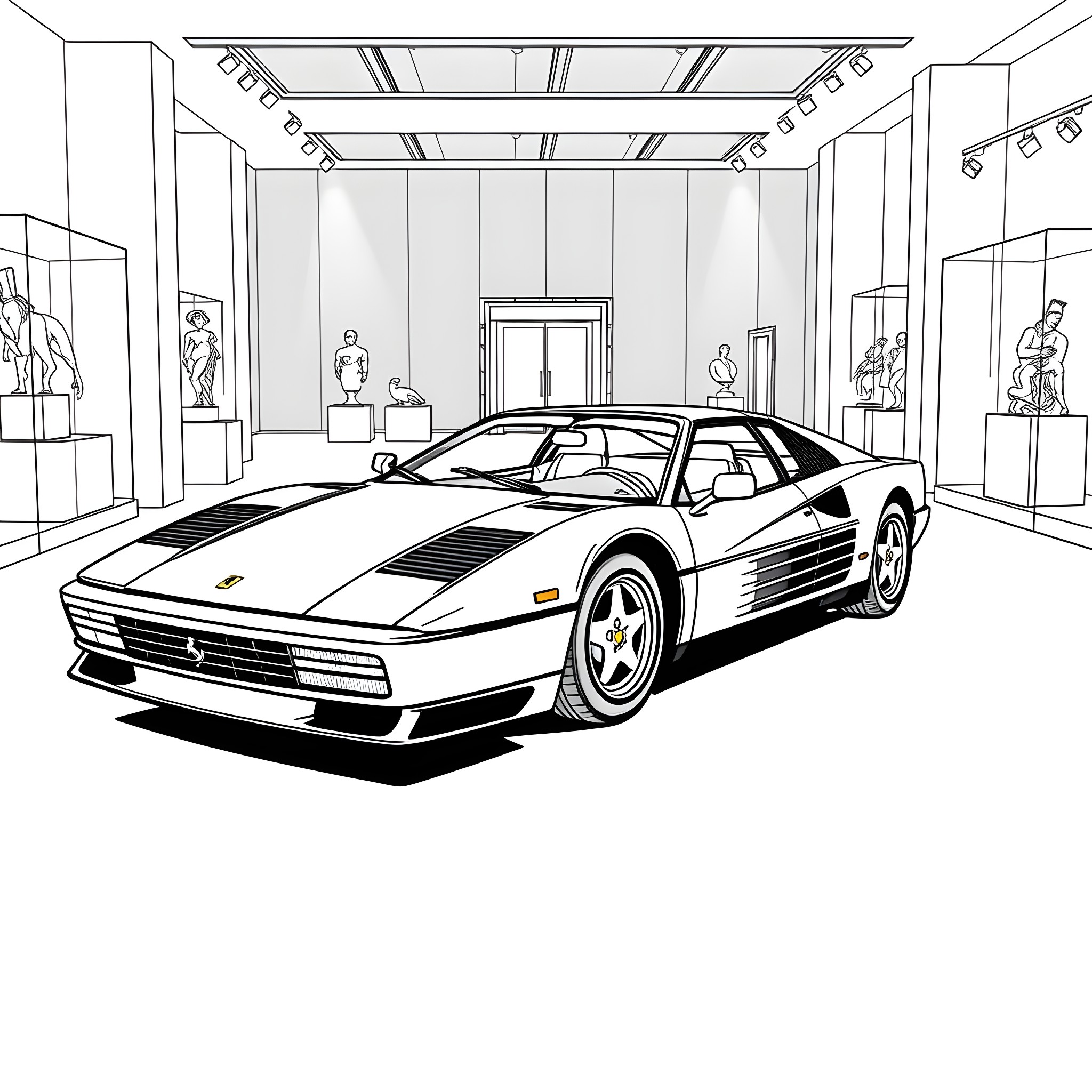 Ferrari supercar displayed in art gallery Coloring Page (free black-and-white line drawing printable PDF for all, from beginners to advanced learners, including children, teens, adults, and seniors)