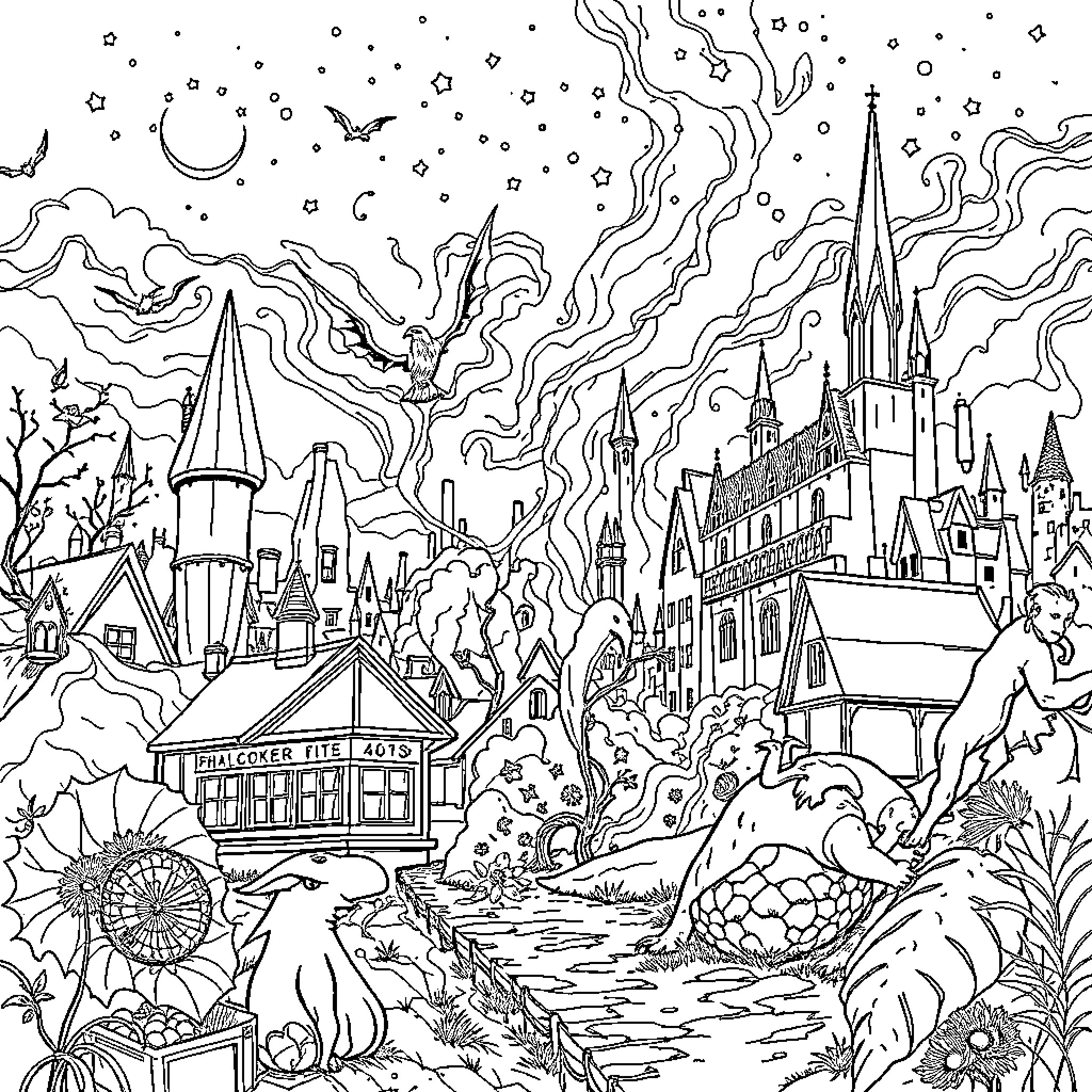 Stranger Things: Magical Night in a Whimsical Wonderland Coloring Page (free black-and-white line drawing printable PDF for all, from beginners to advanced learners, including children, teens, adults, and seniors)
