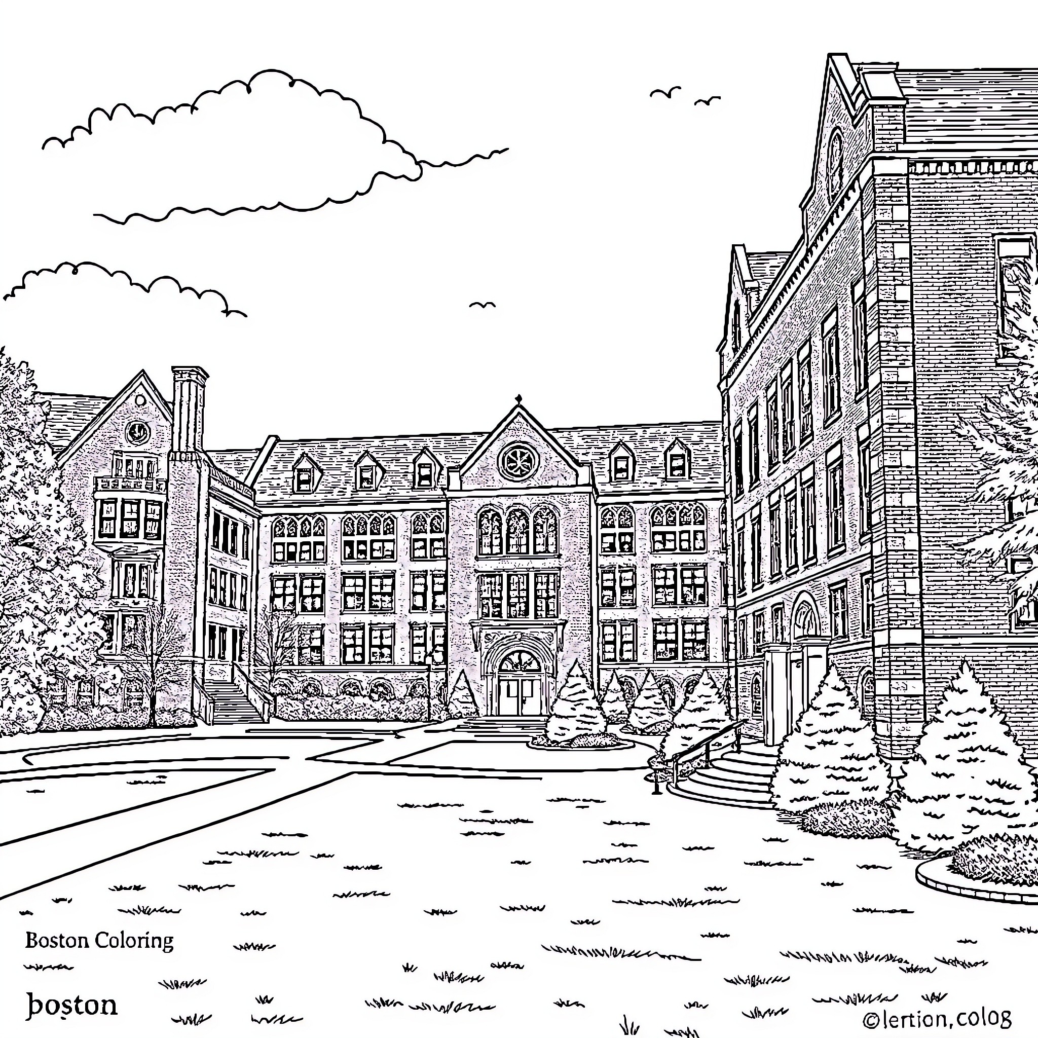 Boston Campus Scene with Historic Architecture Coloring Page (free black-and-white line drawing printable PDF for all, from beginners to advanced learners, including children, teens, adults, and seniors)