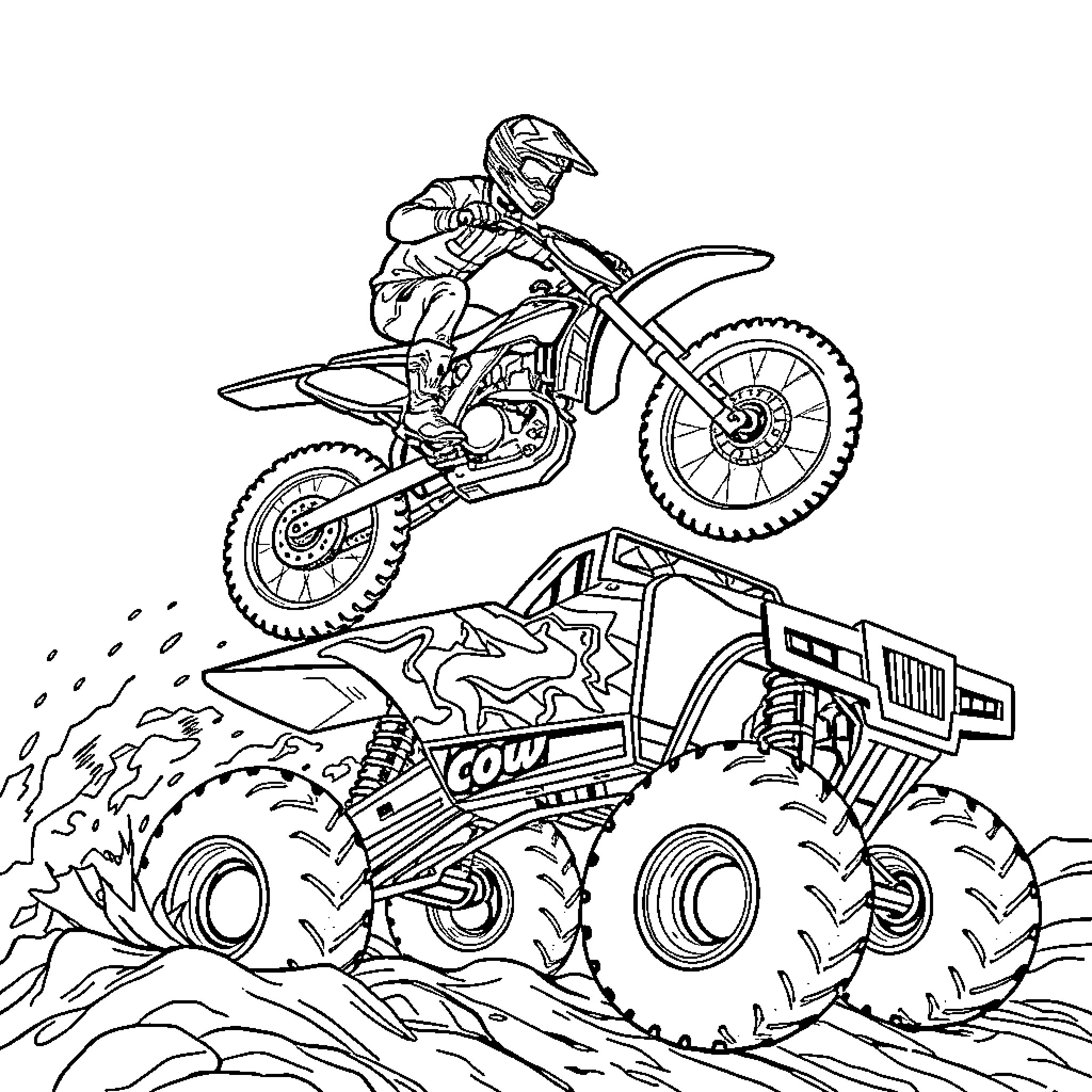 Dirt Bike Rider Performing Stunt Jump Over Monster Truck Coloring Page (free black-and-white line drawing printable PDF for all, from beginners to advanced learners, including children, teens, adults, and seniors)