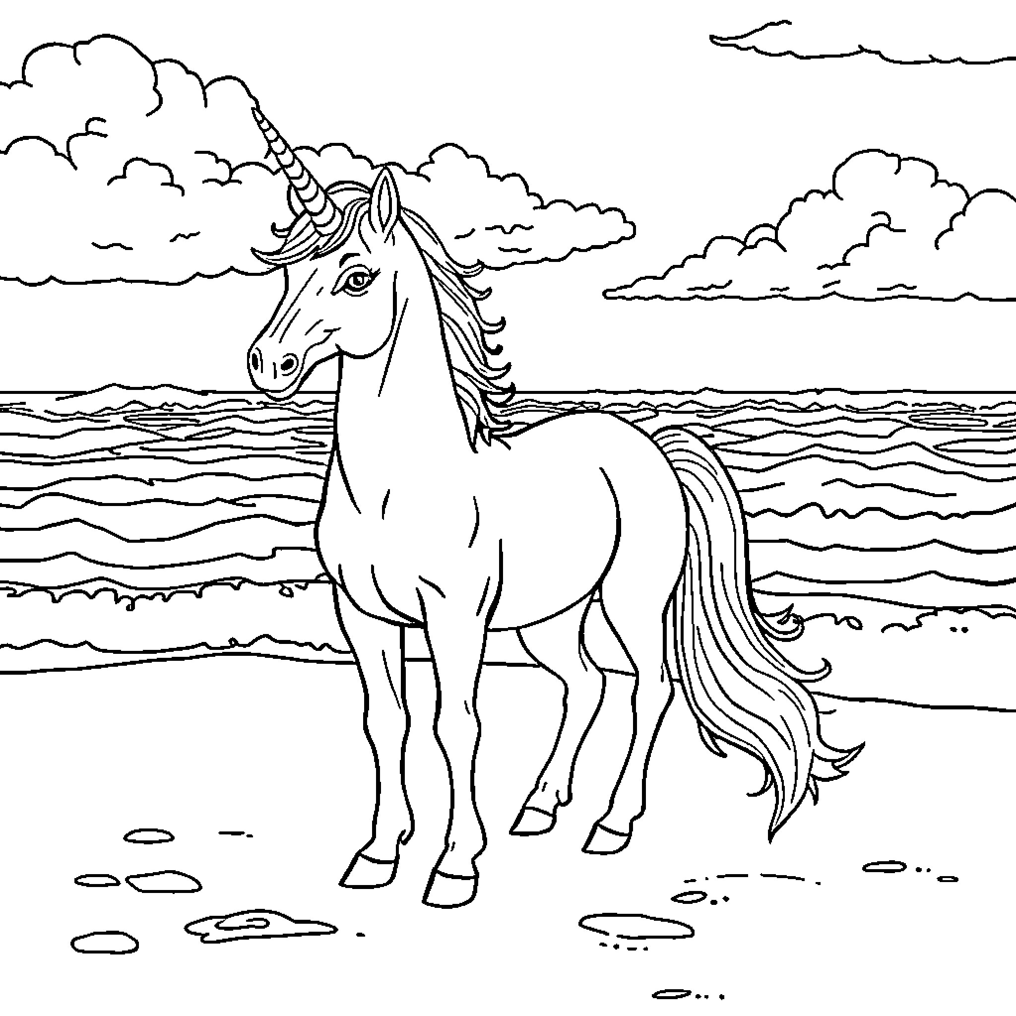 Unicorn standing majestically by the ocean Coloring Page (free black-and-white line drawing printable PDF for all, from beginners to advanced learners, including children, teens, adults, and seniors)