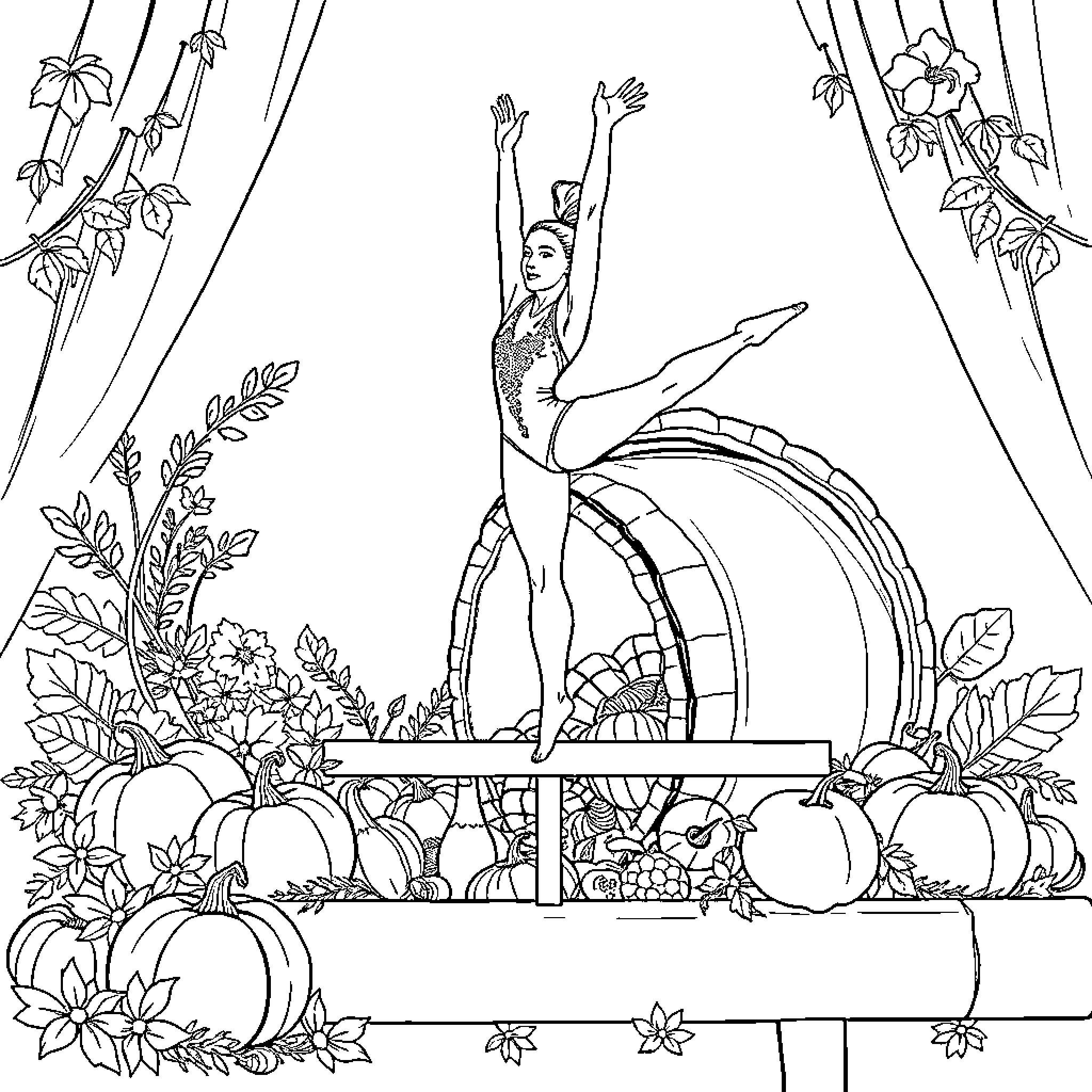 Gymnast Performing Acrobatics on Stage Coloring Page (free black-and-white line drawing printable PDF for all, from beginners to advanced learners, including children, teens, adults, and seniors)