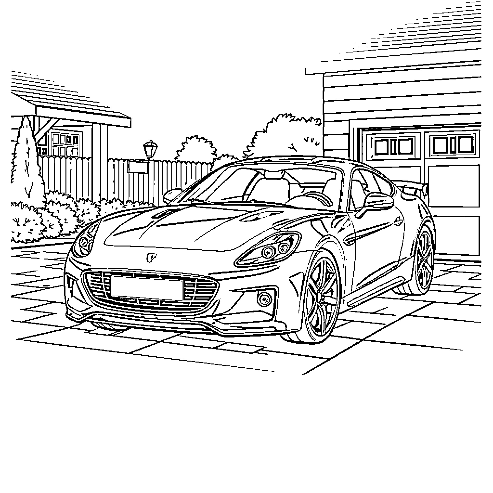 Car parked in front of building Coloring Page (free black-and-white line drawing printable PDF for all, from beginners to advanced learners, including children, teens, adults, and seniors)