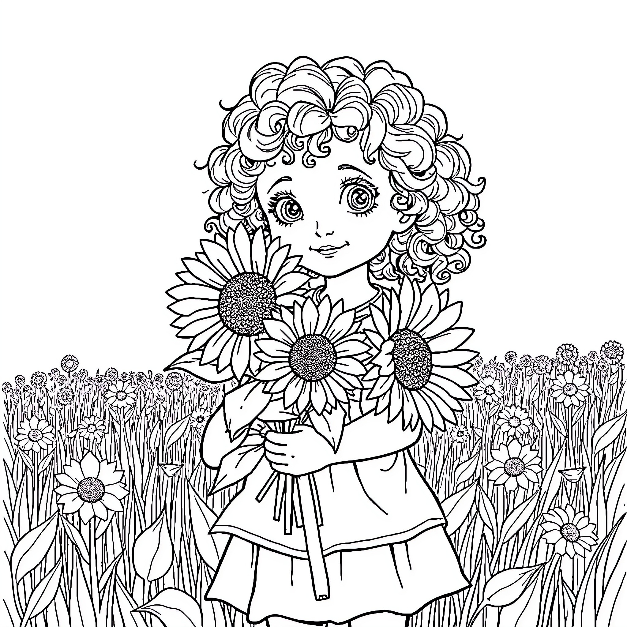 Girl with Sunflowers in a Lush Field Coloring Page (free black-and-white line drawing printable PDF for all, from beginners to advanced learners, including children, teens, adults, and seniors)