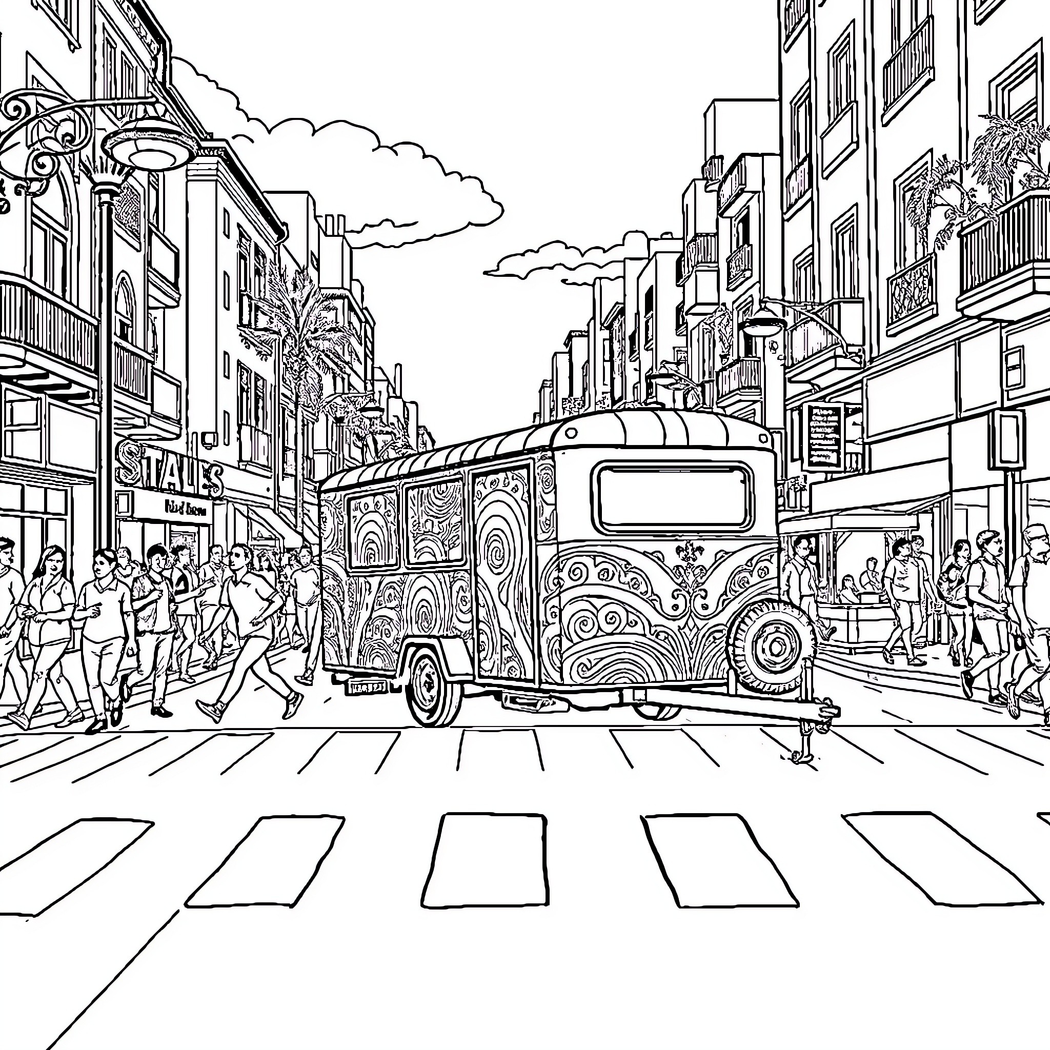 Trailer of a colorful and crowded street scene Coloring Page (free black-and-white line drawing printable PDF for all, from beginners to advanced learners, including children, teens, adults, and seniors)