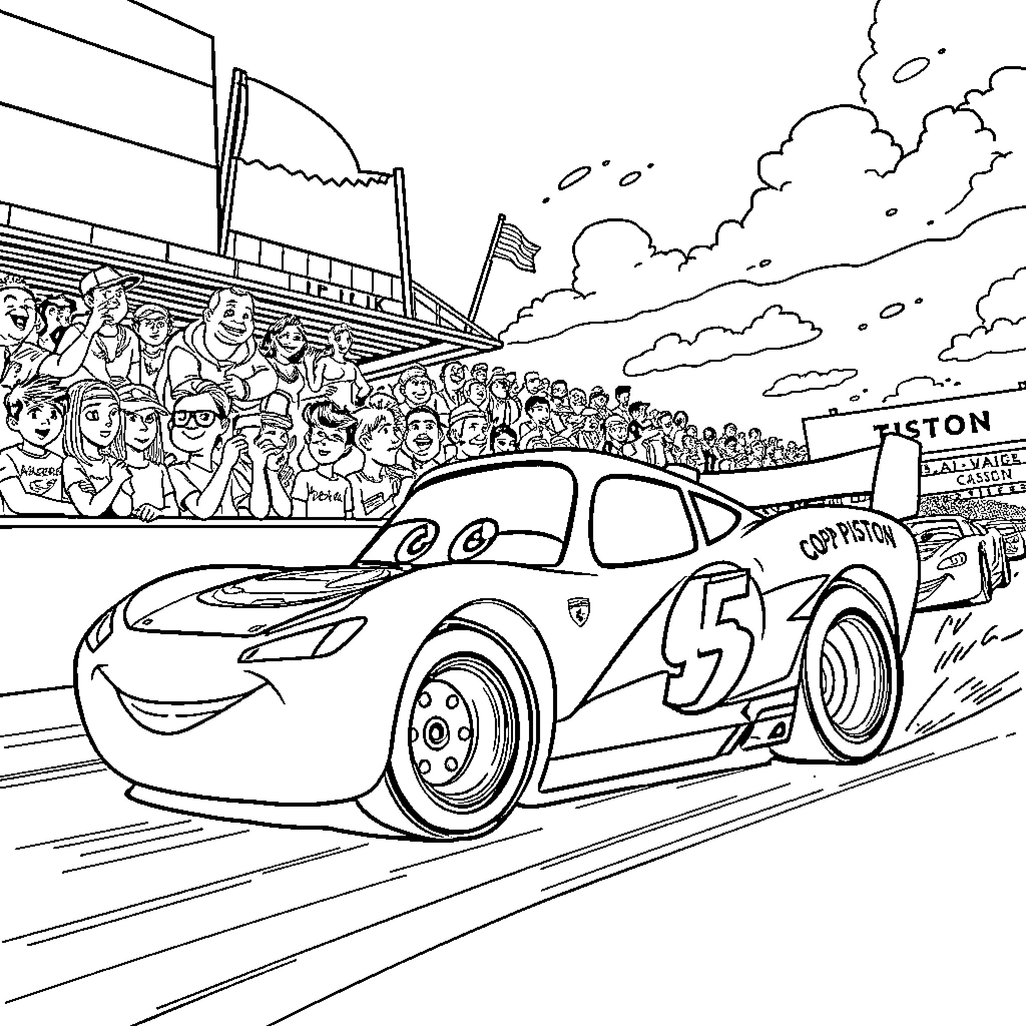 Rayo McQueen racing in front of cheering crowd Coloring Page (free black-and-white line drawing printable PDF for all, from beginners to advanced learners, including children, teens, adults, and seniors)