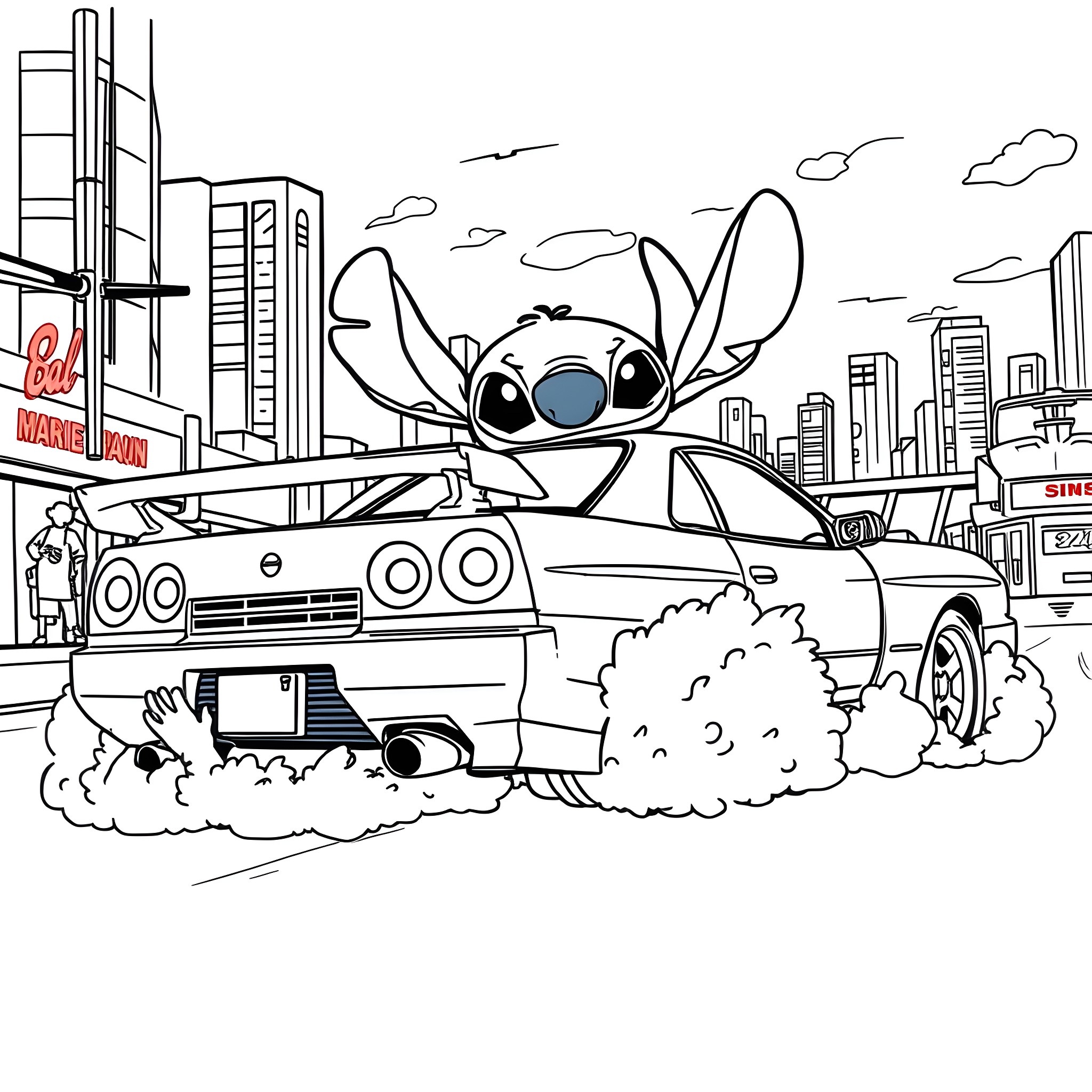 Stitch driving a car in the city Coloring Page (free black-and-white line drawing printable PDF for all, from beginners to advanced learners, including children, teens, adults, and seniors)