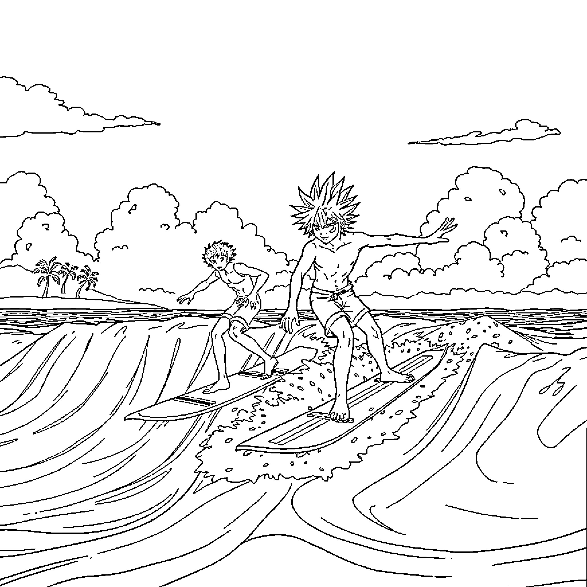 Hiei Surfing the Waves with Friends Coloring Page (free black-and-white line drawing printable PDF for all, from beginners to advanced learners, including children, teens, adults, and seniors)