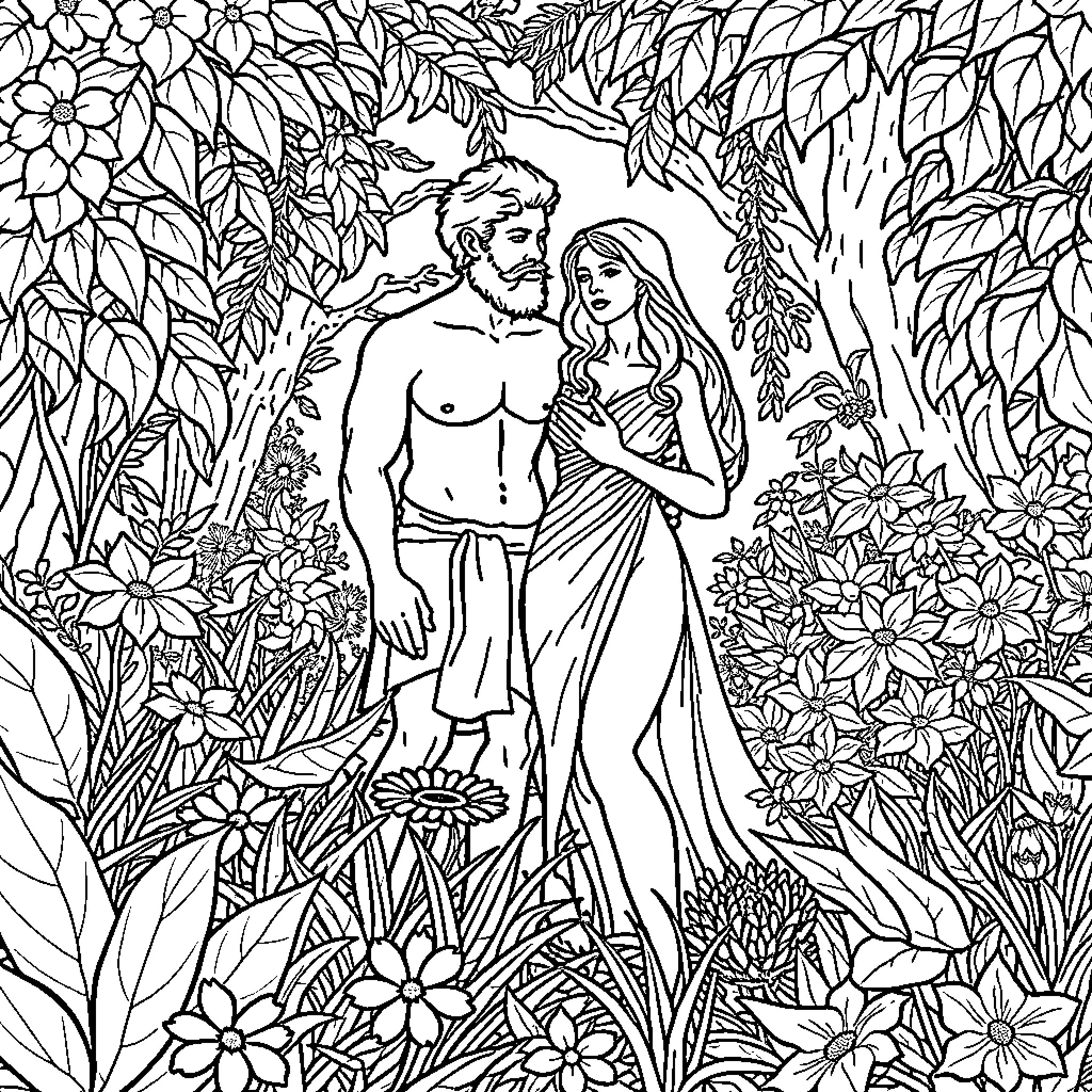 Adam and Eve in the Garden of Eden Coloring Page (free black-and-white line drawing printable PDF for all, from beginners to advanced learners, including children, teens, adults, and seniors)