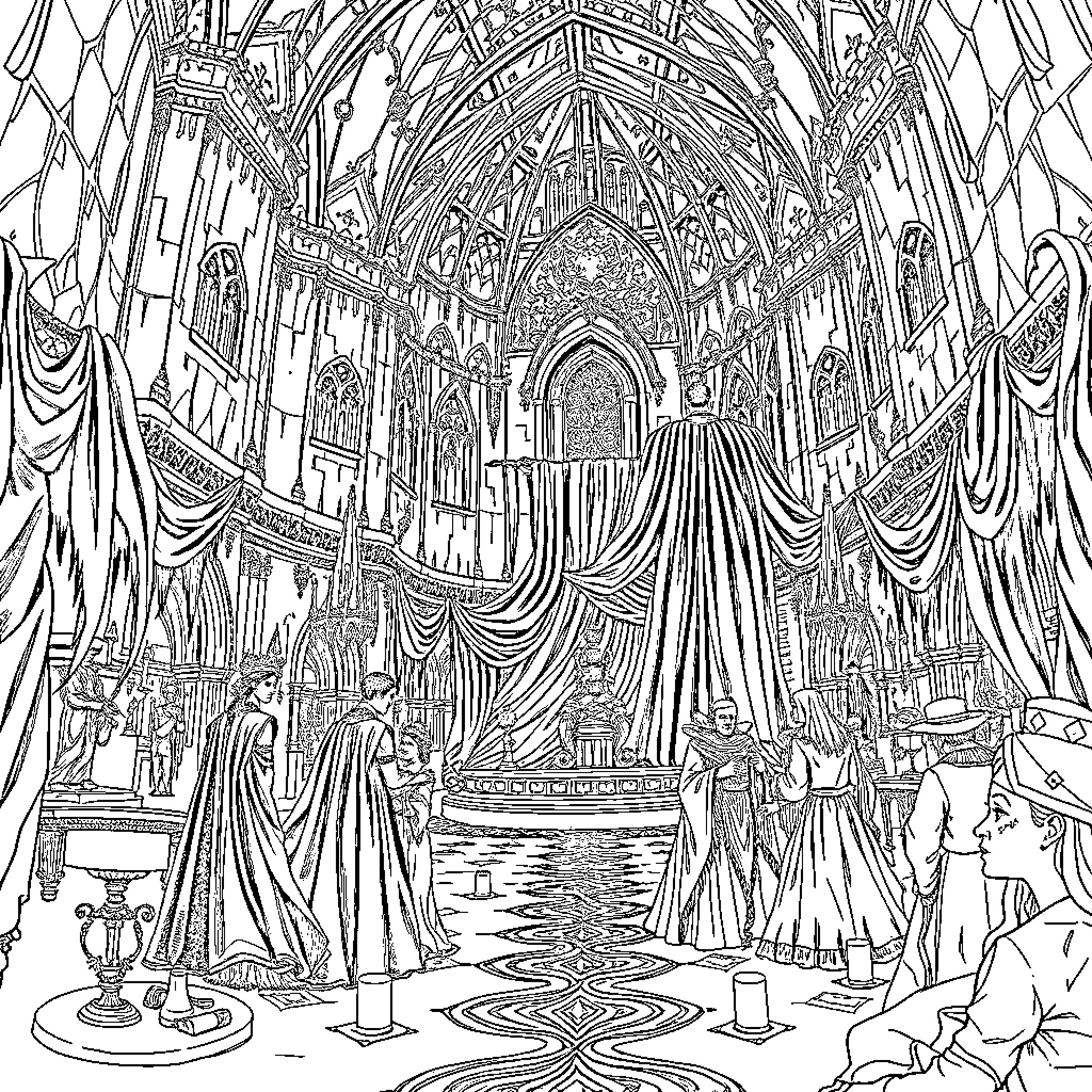 Masque of the Robed Figures in Ornate Cathedral Coloring Page (free black-and-white line drawing printable PDF for all, from beginners to advanced learners, including children, teens, adults, and seniors)