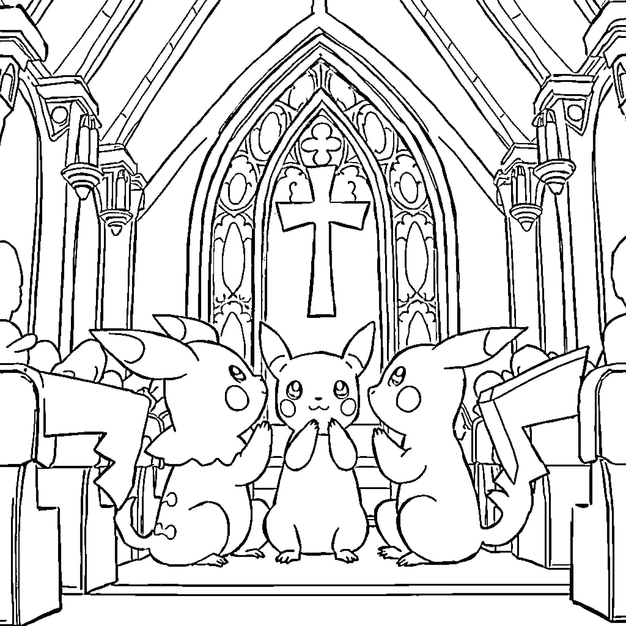Pokémon in a Gothic Cathedral Coloring Page (free black-and-white line drawing printable PDF for all, from beginners to advanced learners, including children, teens, adults, and seniors)