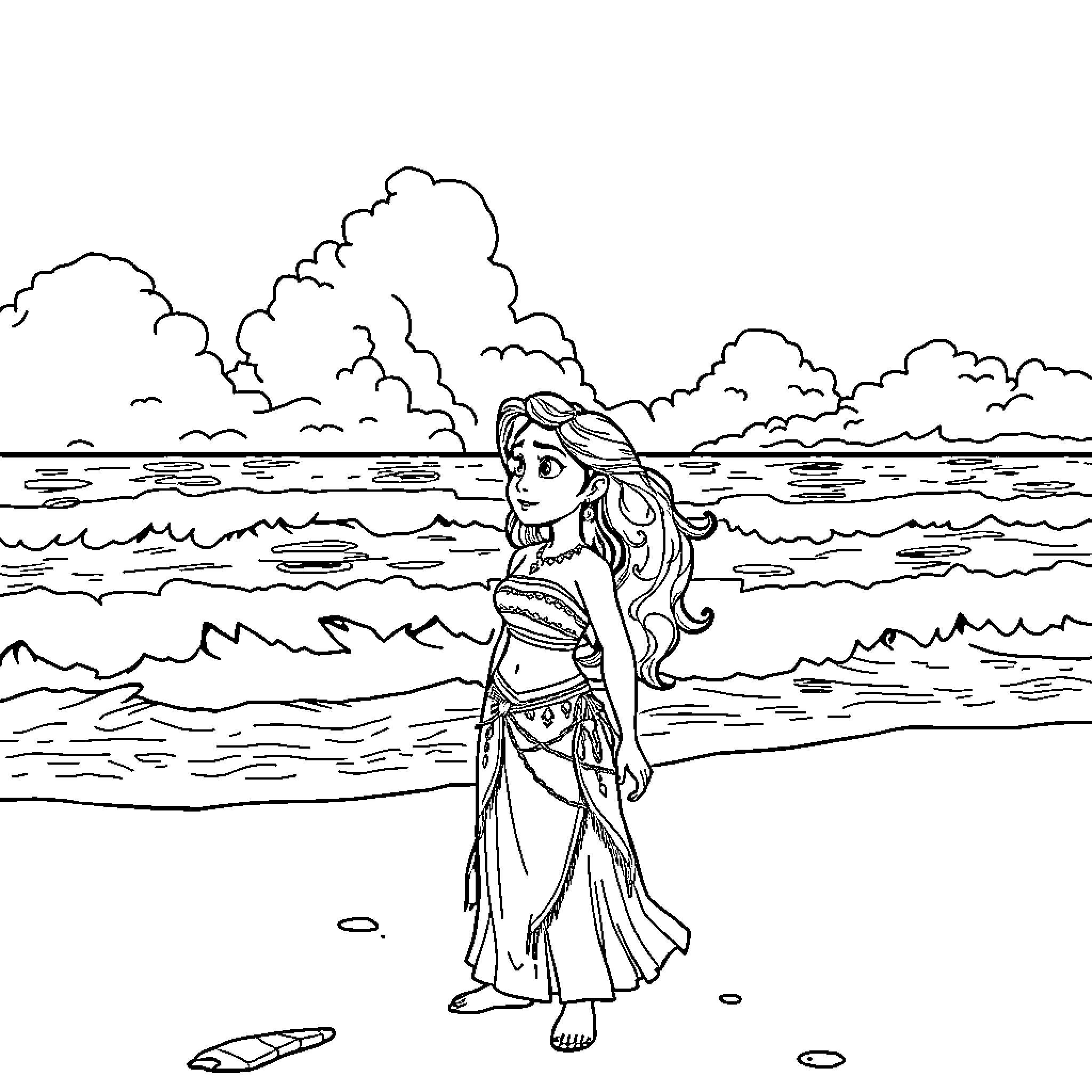 Vaiana standing thoughtfully on a tropical beach Coloring Page (free black-and-white line drawing printable PDF for all, from beginners to advanced learners, including children, teens, adults, and seniors)