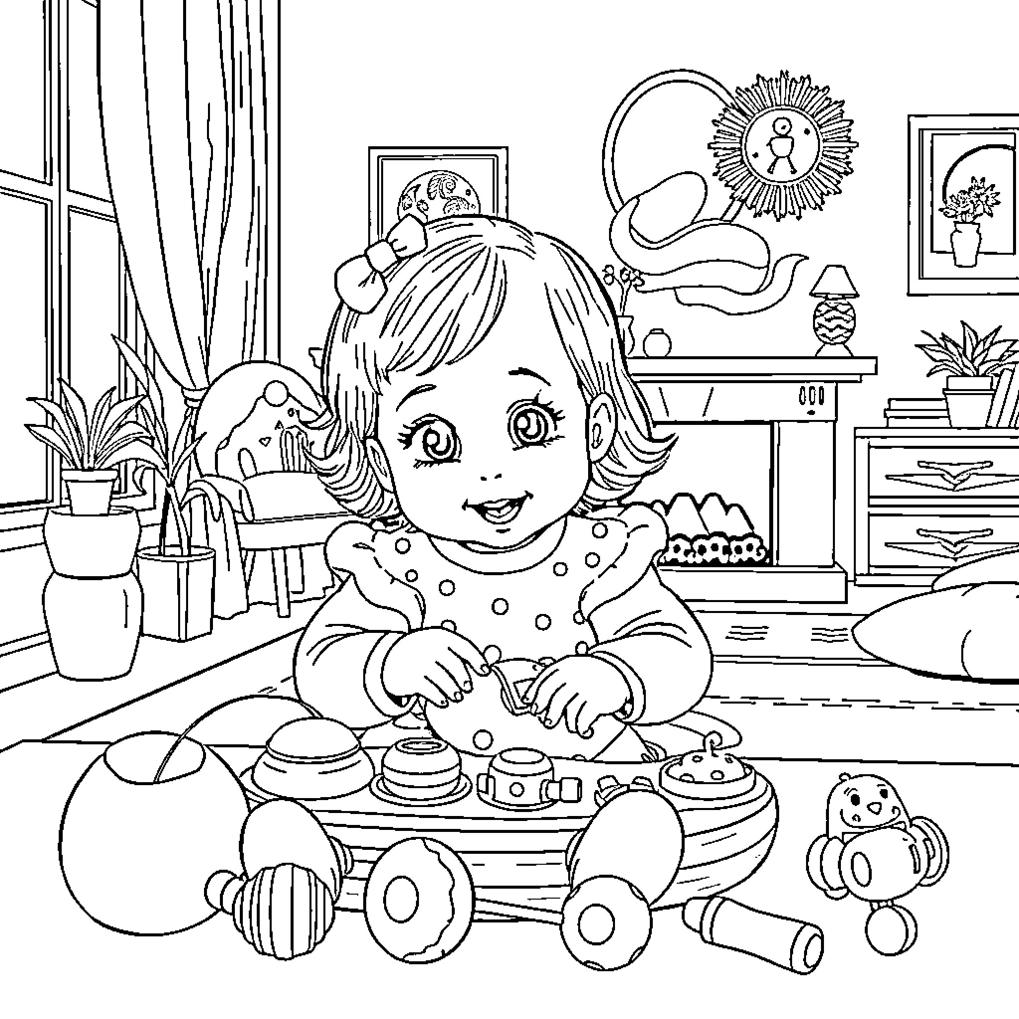 Baby playing joyfully with toys in room Coloring Page (free black-and-white line drawing printable PDF for all, from beginners to advanced learners, including children, teens, adults, and seniors)