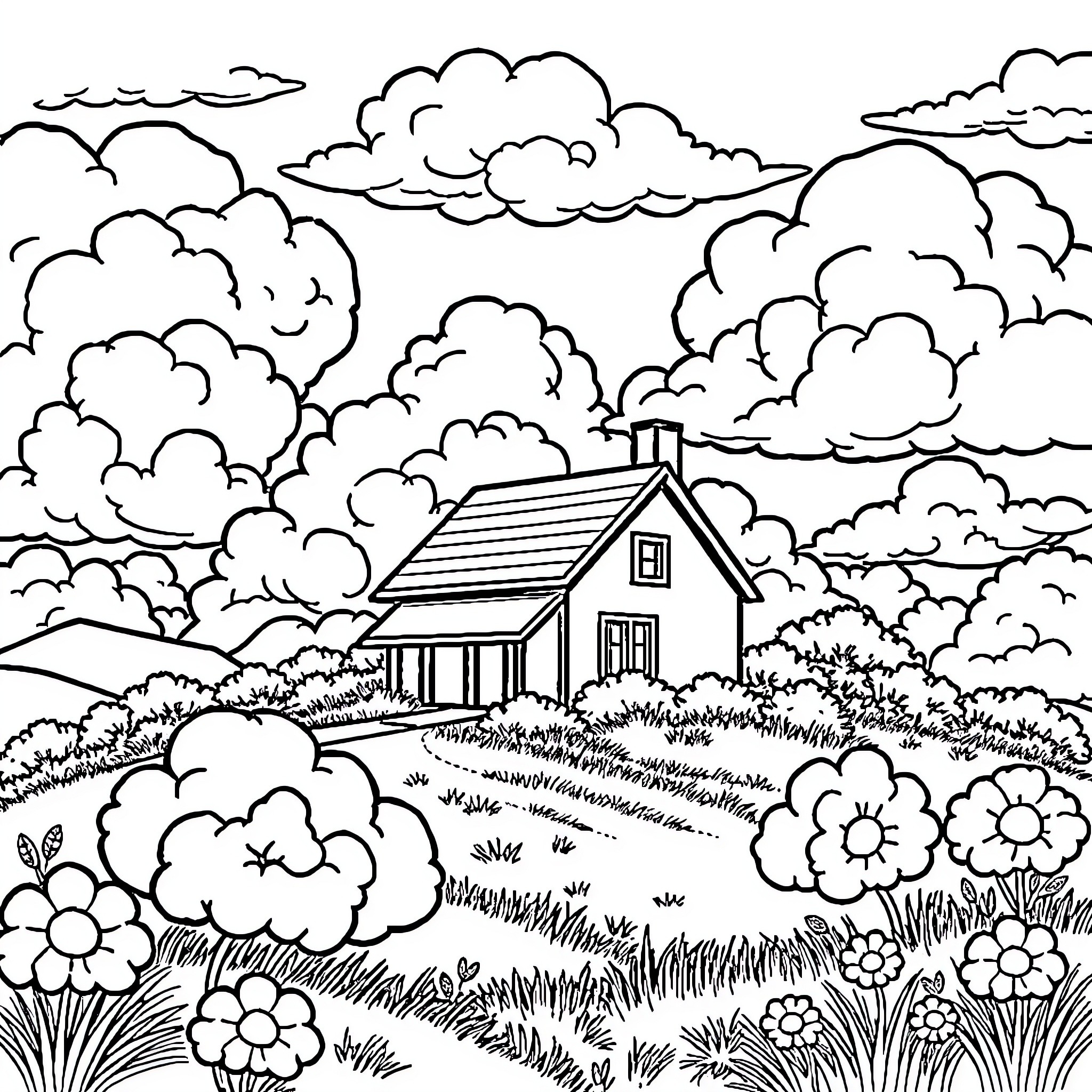 House Surrounded by Whimsical Clouds and Lush Greenery Coloring Page (free black-and-white line drawing printable PDF for all, from beginners to advanced learners, including children, teens, adults, and seniors)