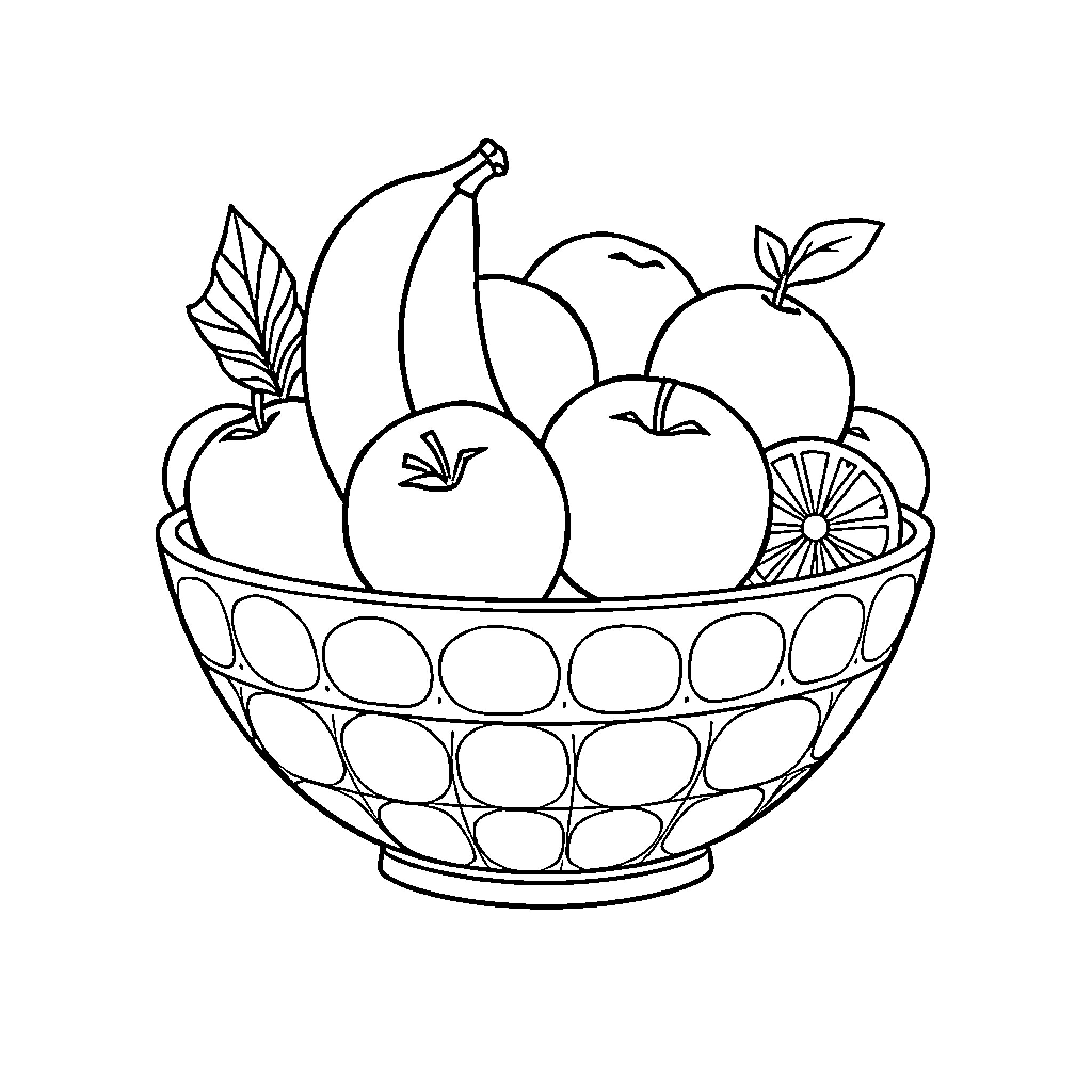 Fruit Bowl with Assorted Produce Coloring Page (free black-and-white line drawing printable PDF for all, from beginners to advanced learners, including children, teens, adults, and seniors)