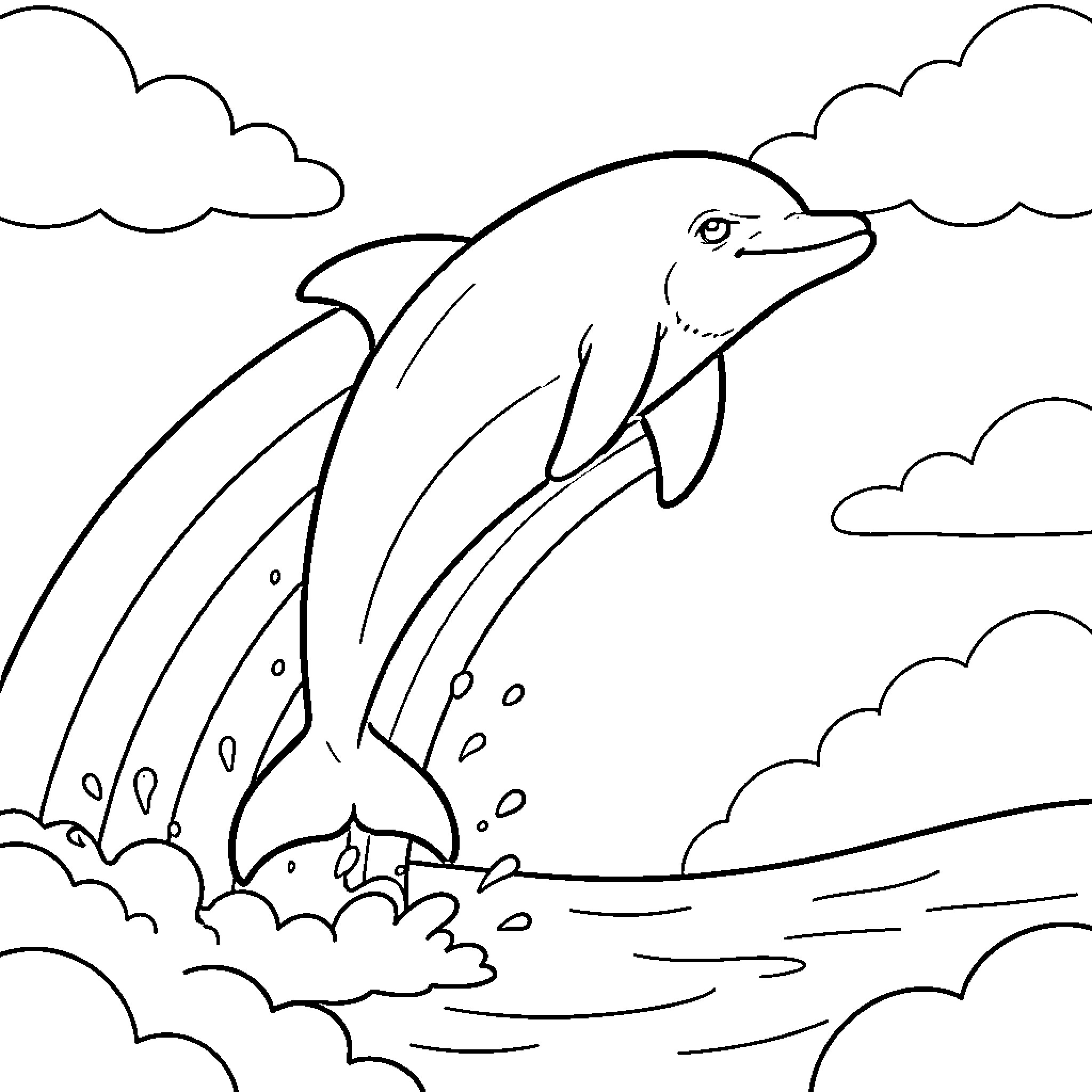 Dolphin jumping out of the ocean Coloring Page (free black-and-white line drawing printable PDF for all, from beginners to advanced learners, including children, teens, adults, and seniors)
