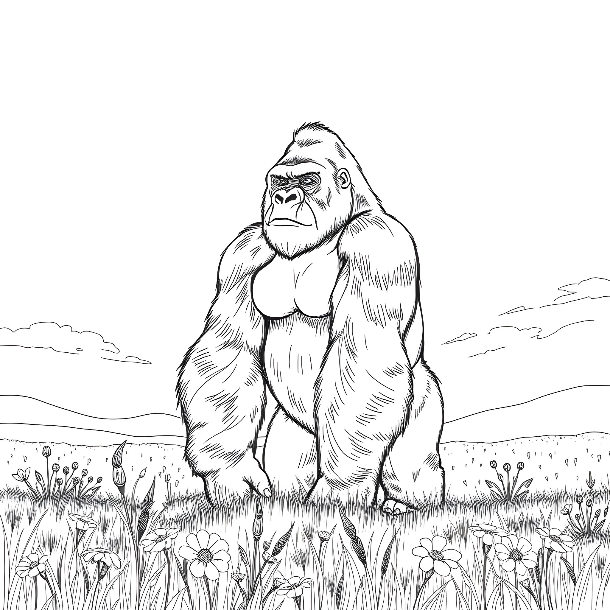 Gorilla standing tall in a meadow with flowers Coloring Page (free black-and-white line drawing printable PDF for all, from beginners to advanced learners, including children, teens, adults, and seniors)