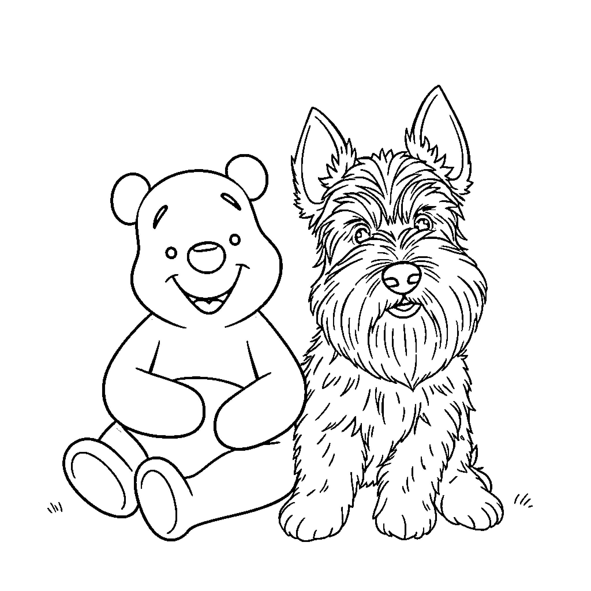 Winnie The Pooh and Terrier Dog Playing Together Coloring Page (free black-and-white line drawing printable PDF for all, from beginners to advanced learners, including children, teens, adults, and seniors)