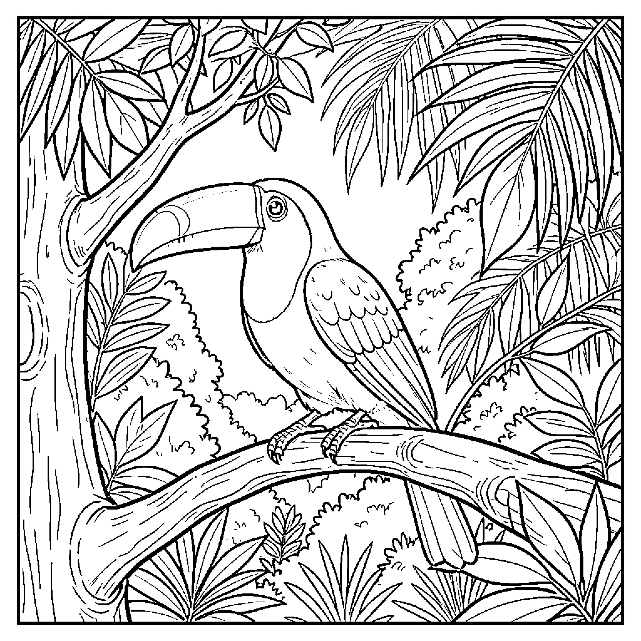 Tucán in the Lush Jungle Canopy Coloring Page (free black-and-white line drawing printable PDF for all, from beginners to advanced learners, including children, teens, adults, and seniors)