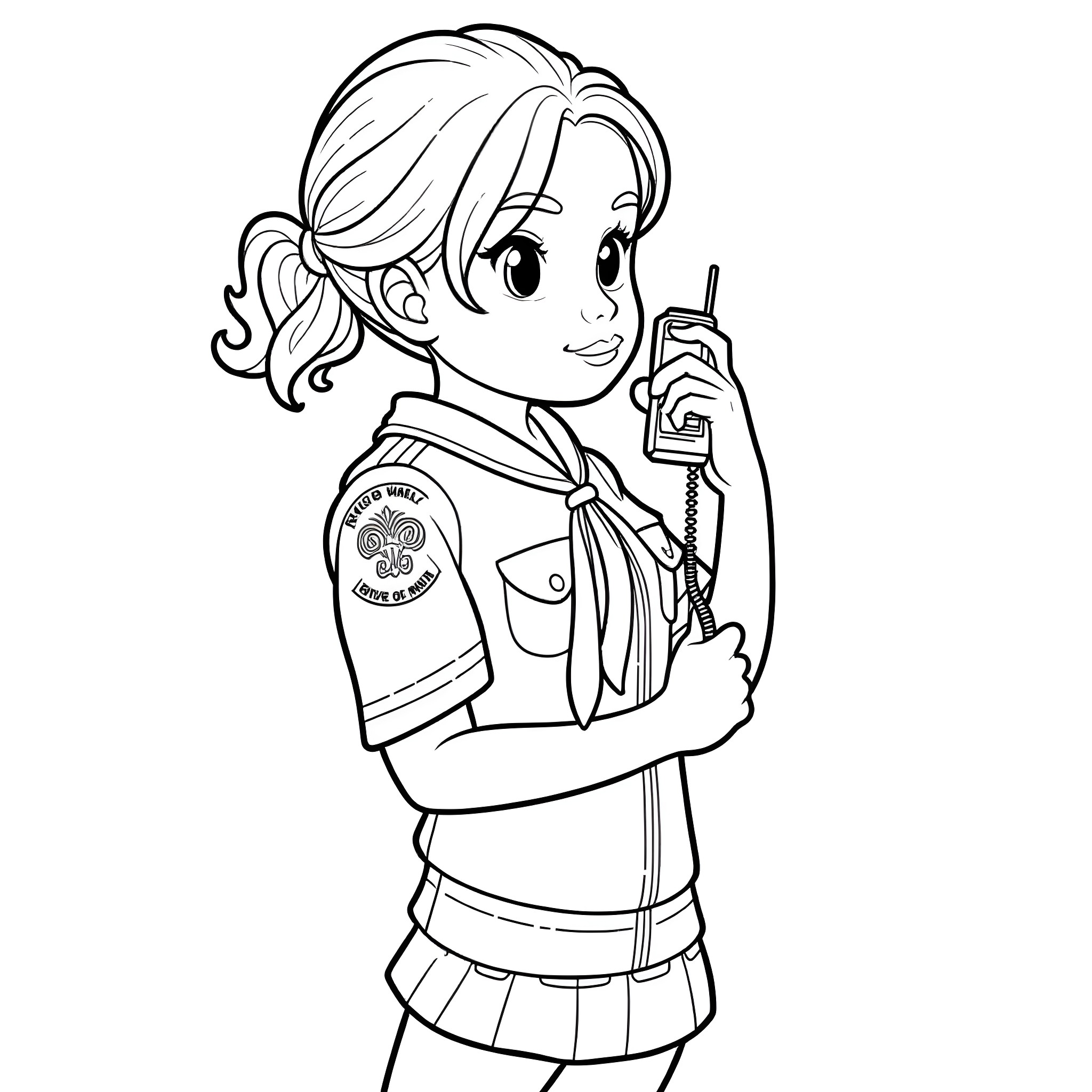 Girl Scout talking on a walkie-talkie device Coloring Page (free black-and-white line drawing printable PDF for all, from beginners to advanced learners, including children, teens, adults, and seniors)