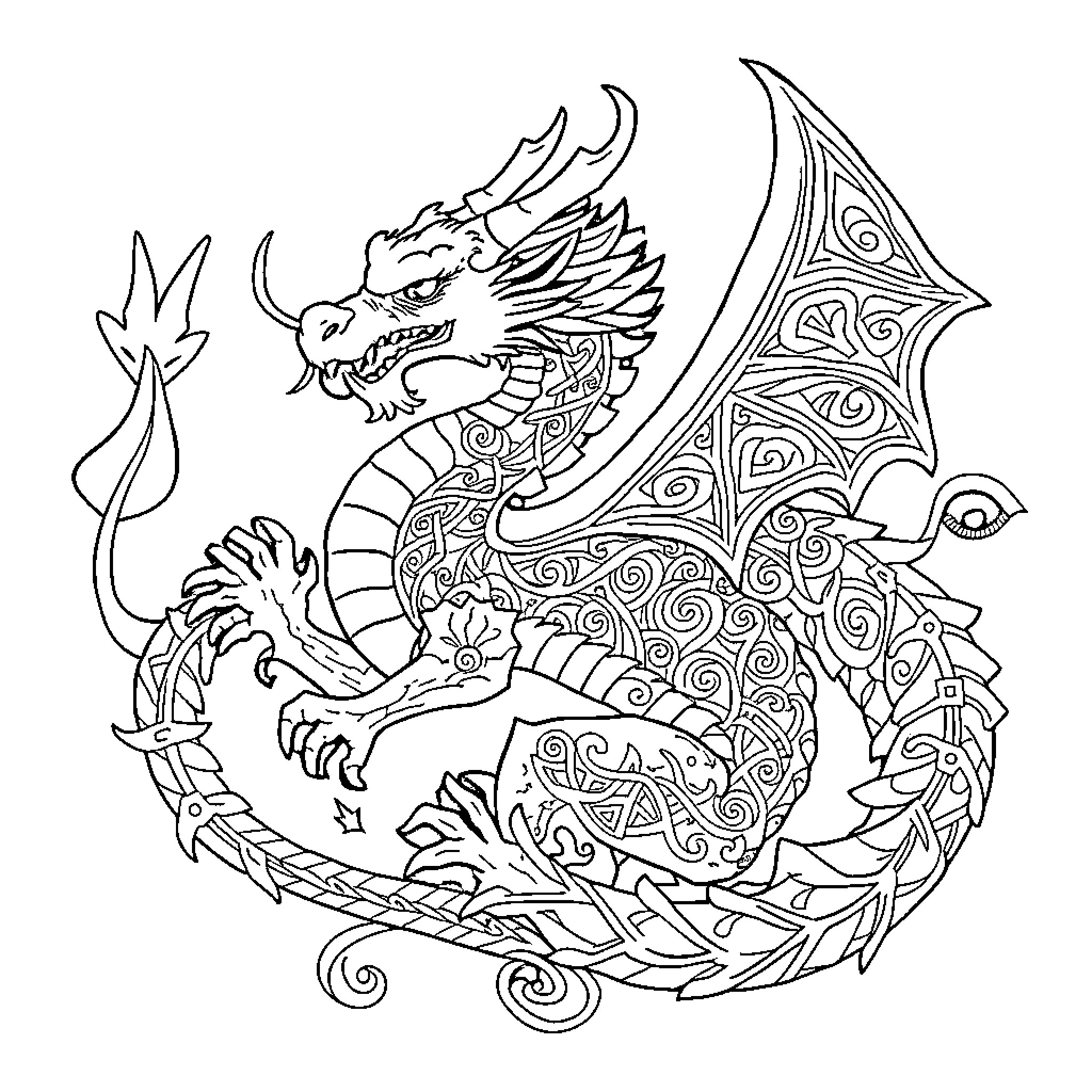 Dragon in Intricate Mythical Pose Coloring Page (free black-and-white line drawing printable PDF for all, from beginners to advanced learners, including children, teens, adults, and seniors)
