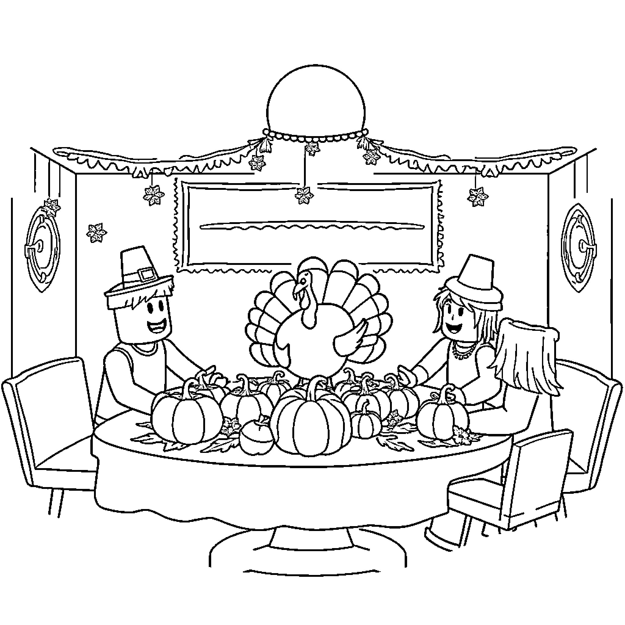 Roblox characters celebrating Thanksgiving Coloring Page (free black-and-white line drawing printable PDF for all, from beginners to advanced learners, including children, teens, adults, and seniors)