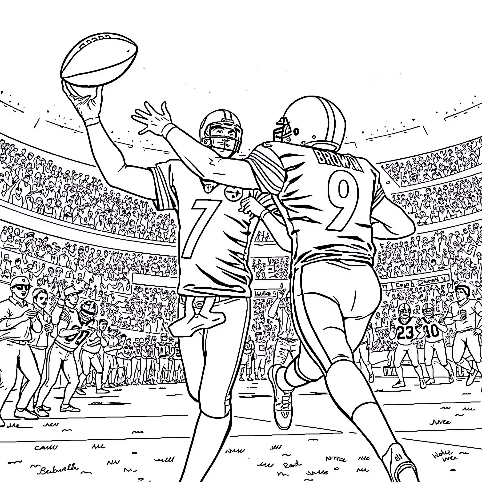 Ben Roethlisberger throws touchdown pass in football stadium Coloring Page (free black-and-white line drawing printable PDF for all, from beginners to advanced learners, including children, teens, adults, and seniors)