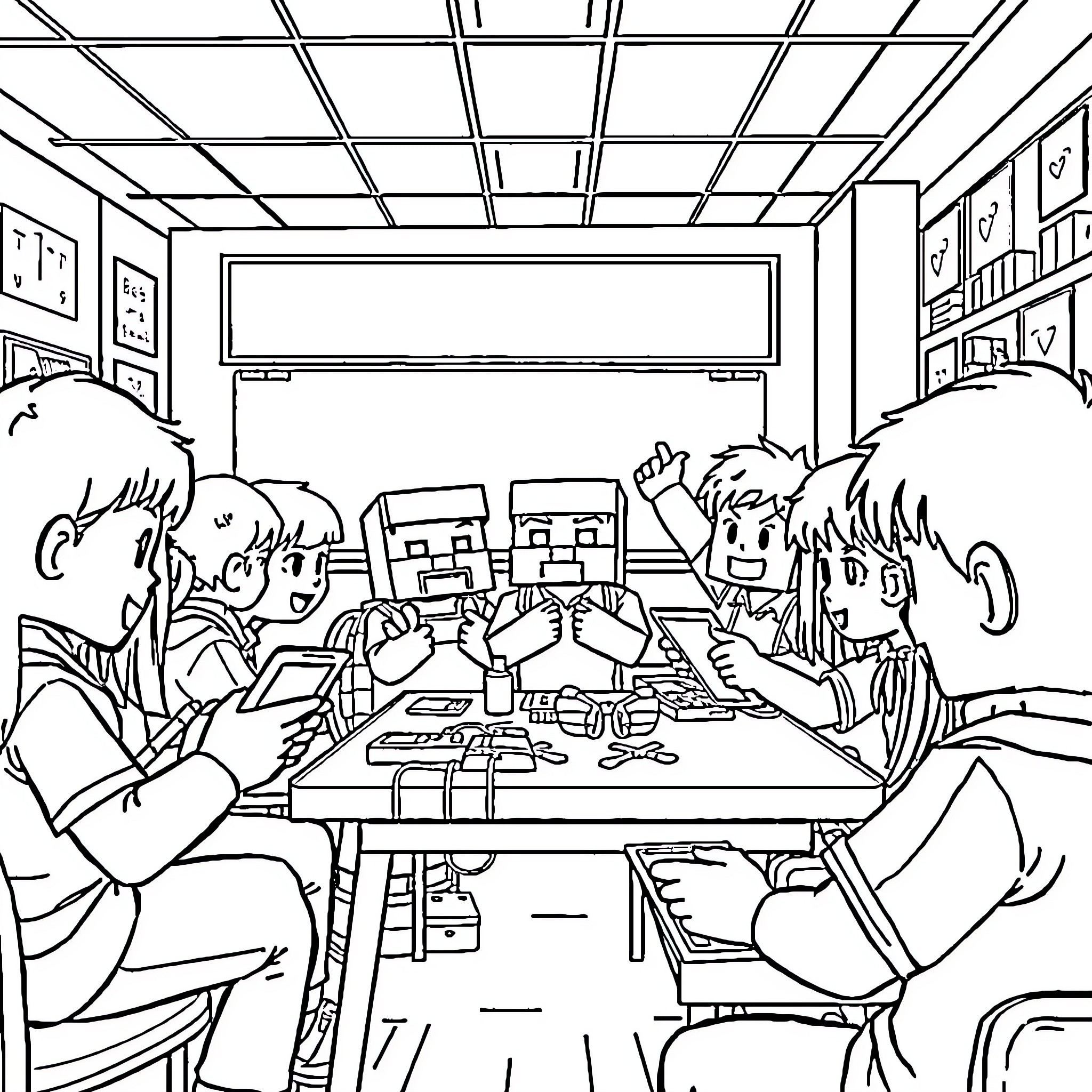 Minecraft Characters Playing Together in Classroom Coloring Page (free black-and-white line drawing printable PDF for all, from beginners to advanced learners, including children, teens, adults, and seniors)