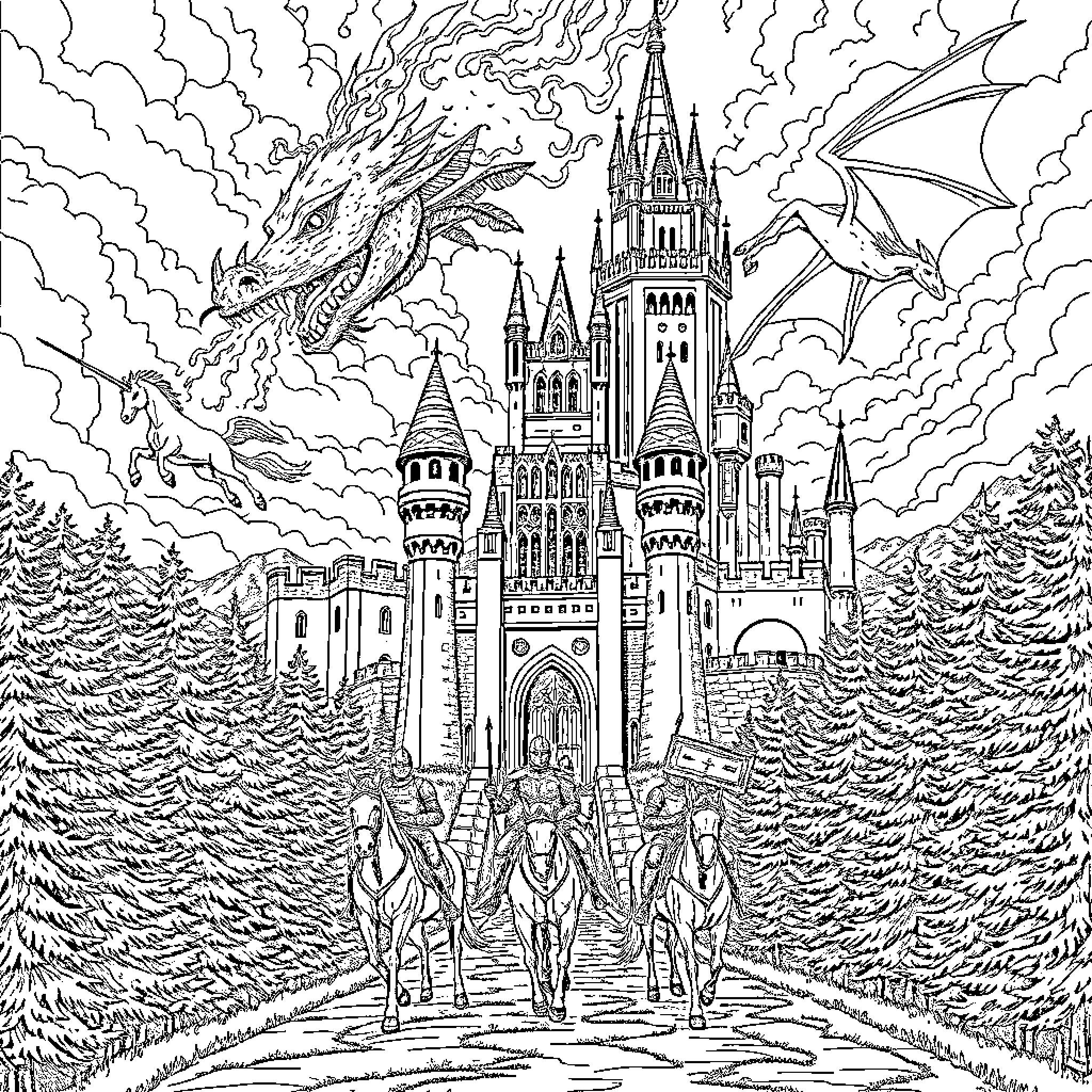 Castle of Enchantment with Fantastical Creatures Coloring Page (free black-and-white line drawing printable PDF for all, from beginners to advanced learners, including children, teens, adults, and seniors)