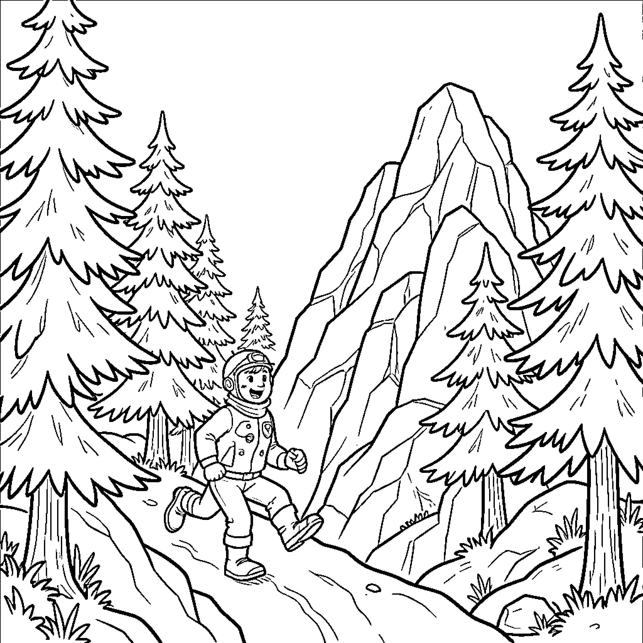 Pat astronaut walking through a mountain forest Coloring Page (free black-and-white line drawing printable PDF for all, from beginners to advanced learners, including children, teens, adults, and seniors)