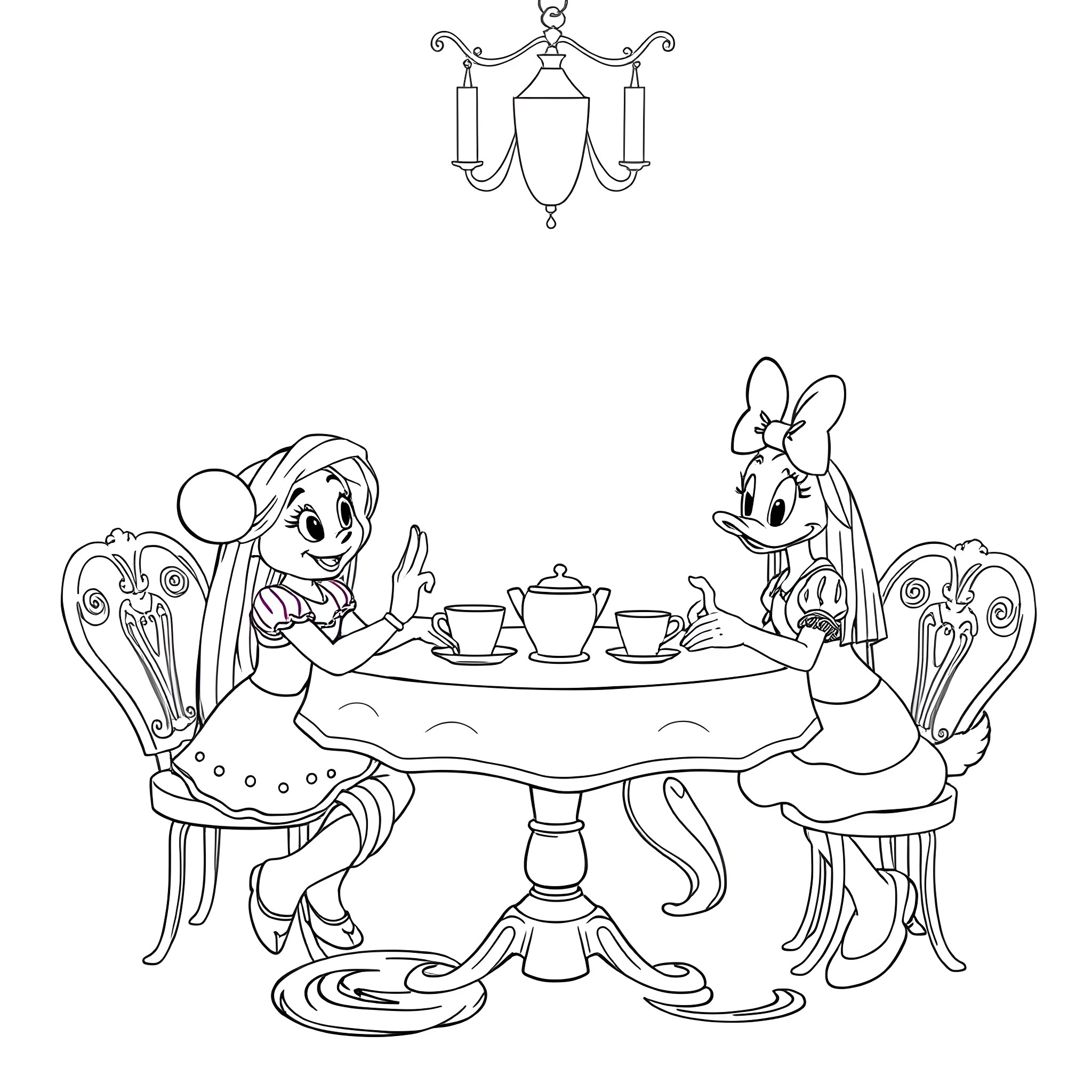 Rapunzel and Minnie Mouse having tea party Coloring Page (free black-and-white line drawing printable PDF for all, from beginners to advanced learners, including children, teens, adults, and seniors)