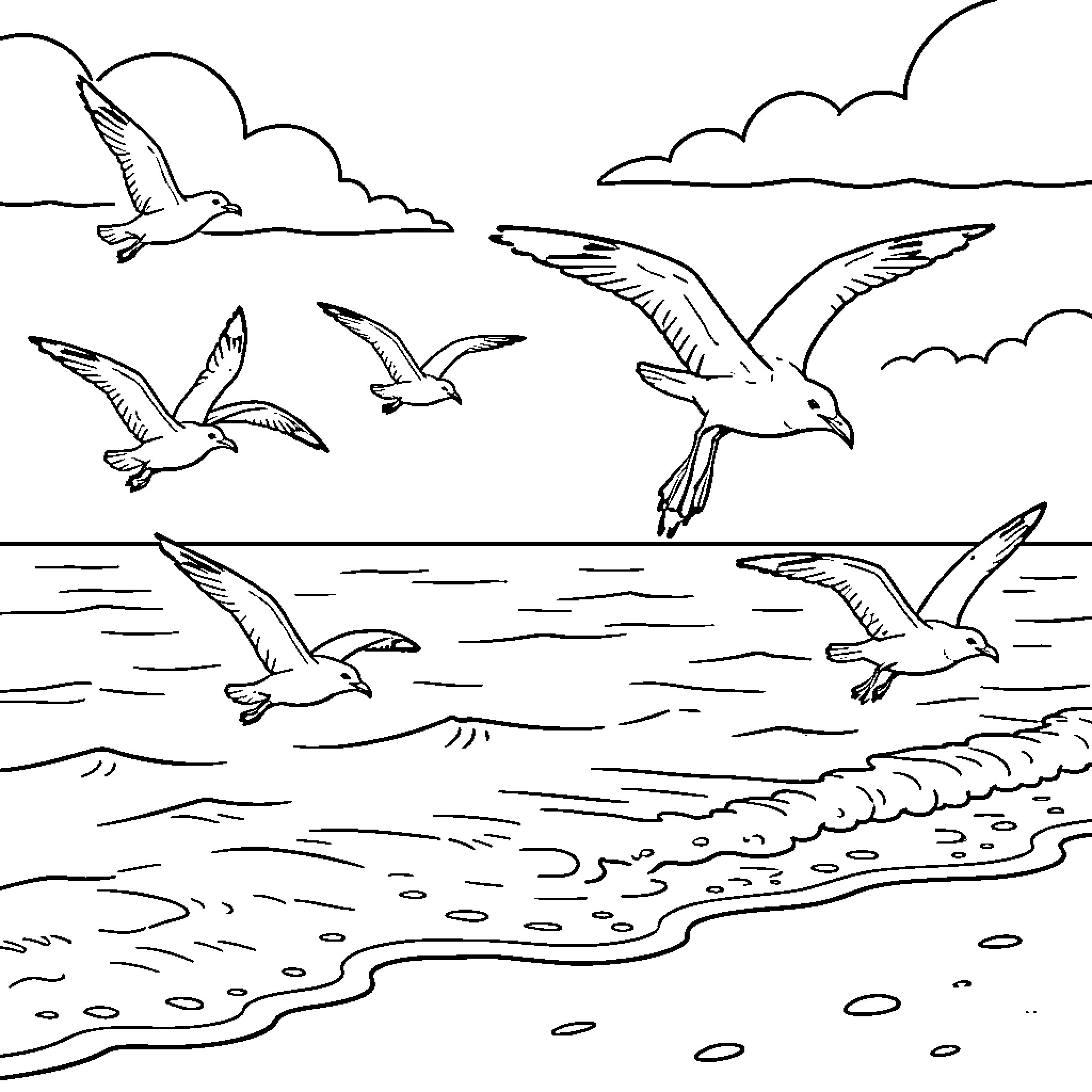 Seagull flying over the ocean waves near a beach Coloring Page (free black-and-white line drawing printable PDF for all, from beginners to advanced learners, including children, teens, adults, and seniors)