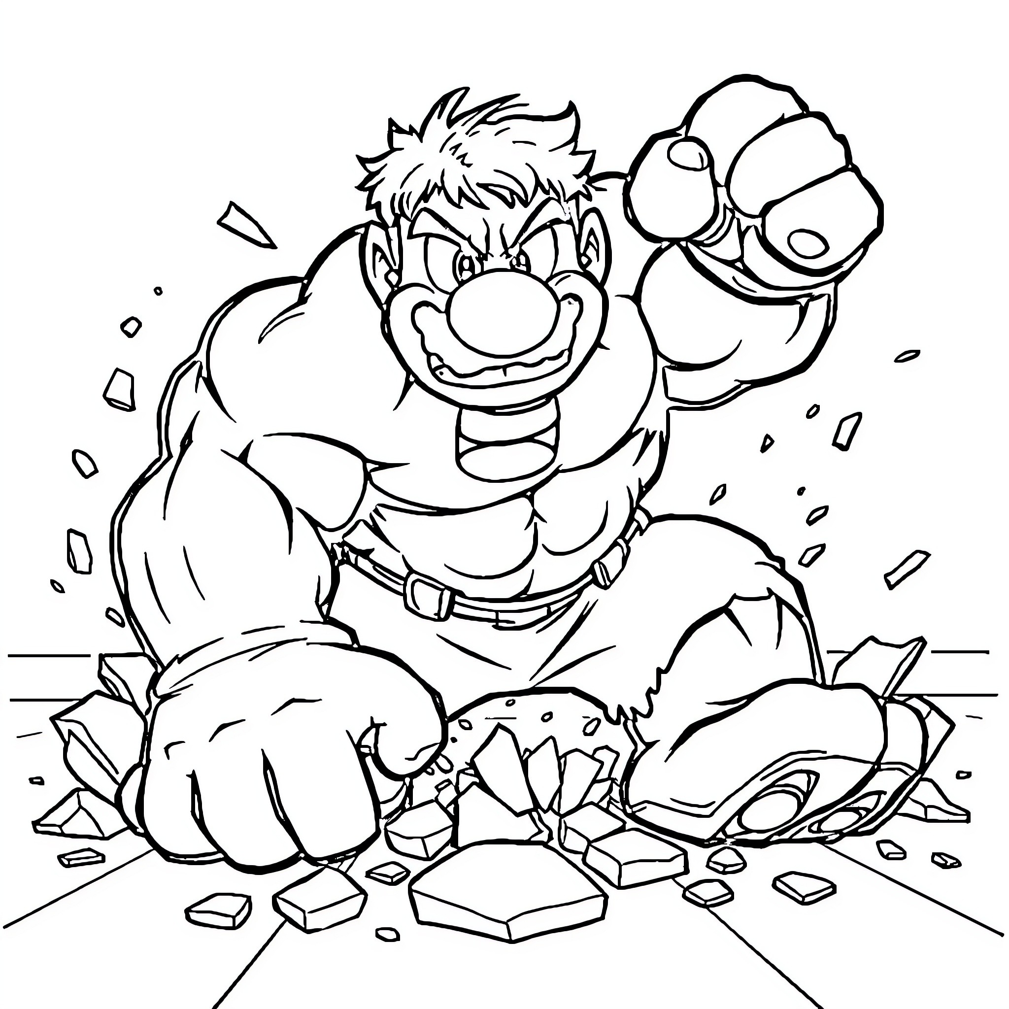 Mario Smashing Through Obstacles with Enthusiasm Coloring Page (free black-and-white line drawing printable PDF for all, from beginners to advanced learners, including children, teens, adults, and seniors)