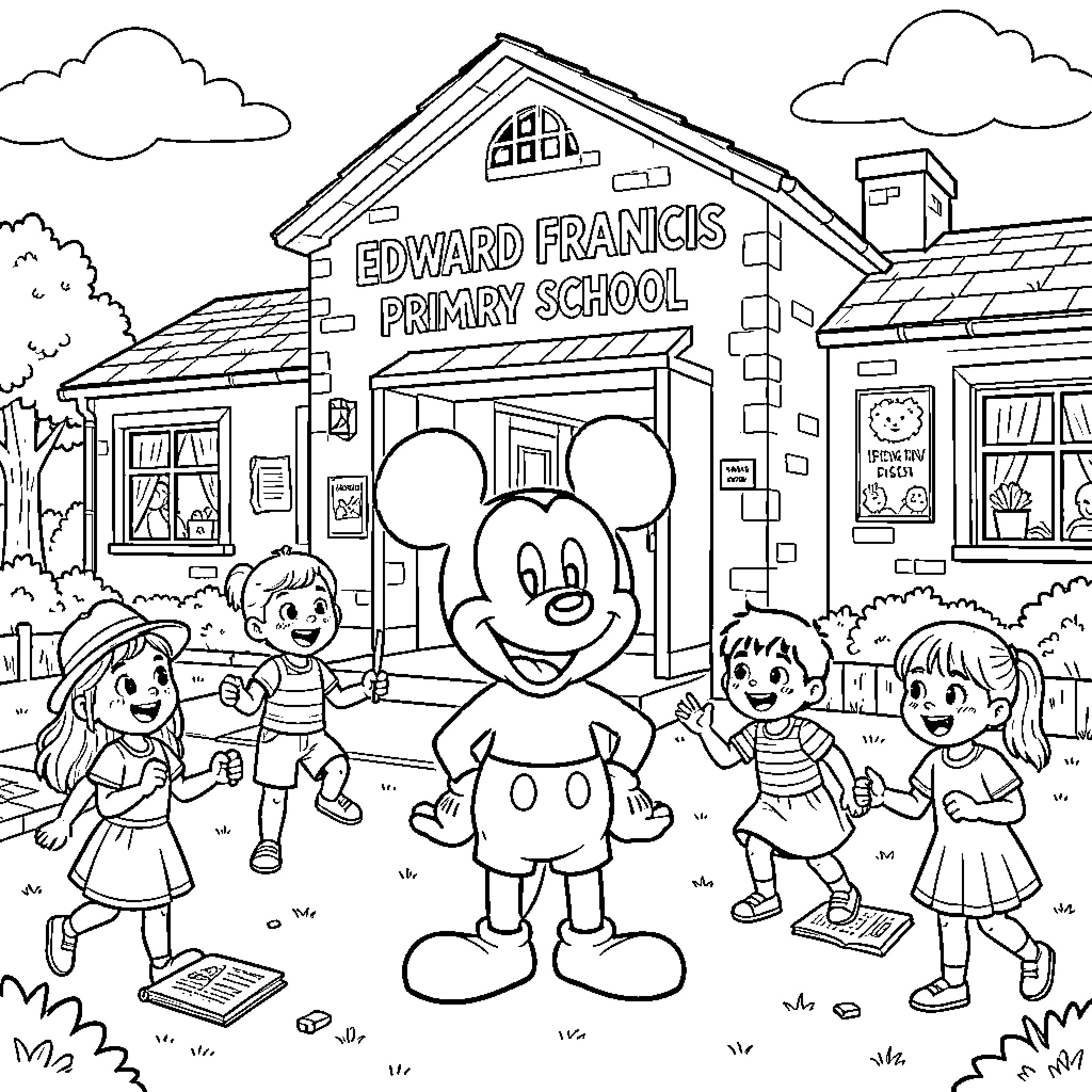 Mickey Mouse standing with happy children in front of school Coloring Page (free black-and-white line drawing printable PDF for all, from beginners to advanced learners, including children, teens, adults, and seniors)