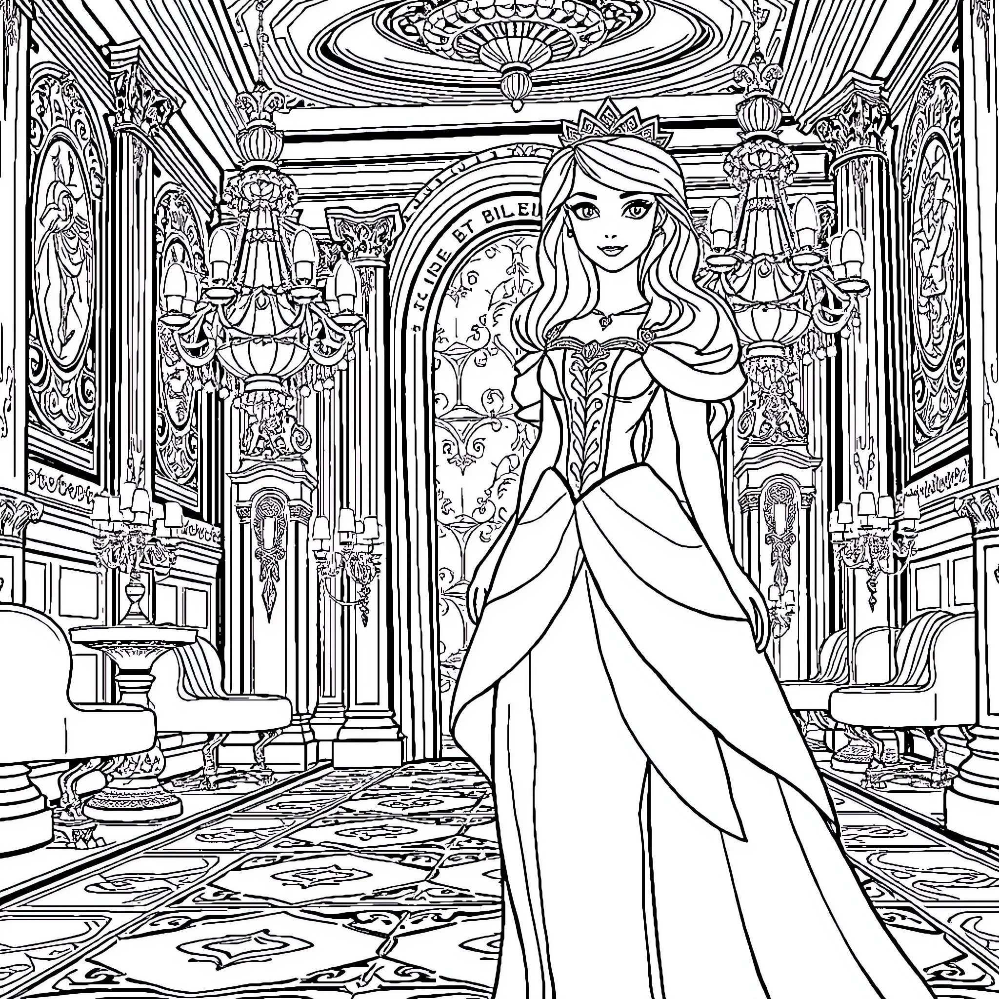 Princess Sarah's Regal Attire in a Lavish Palace Coloring Page (free black-and-white line drawing printable PDF for all, from beginners to advanced learners, including children, teens, adults, and seniors)