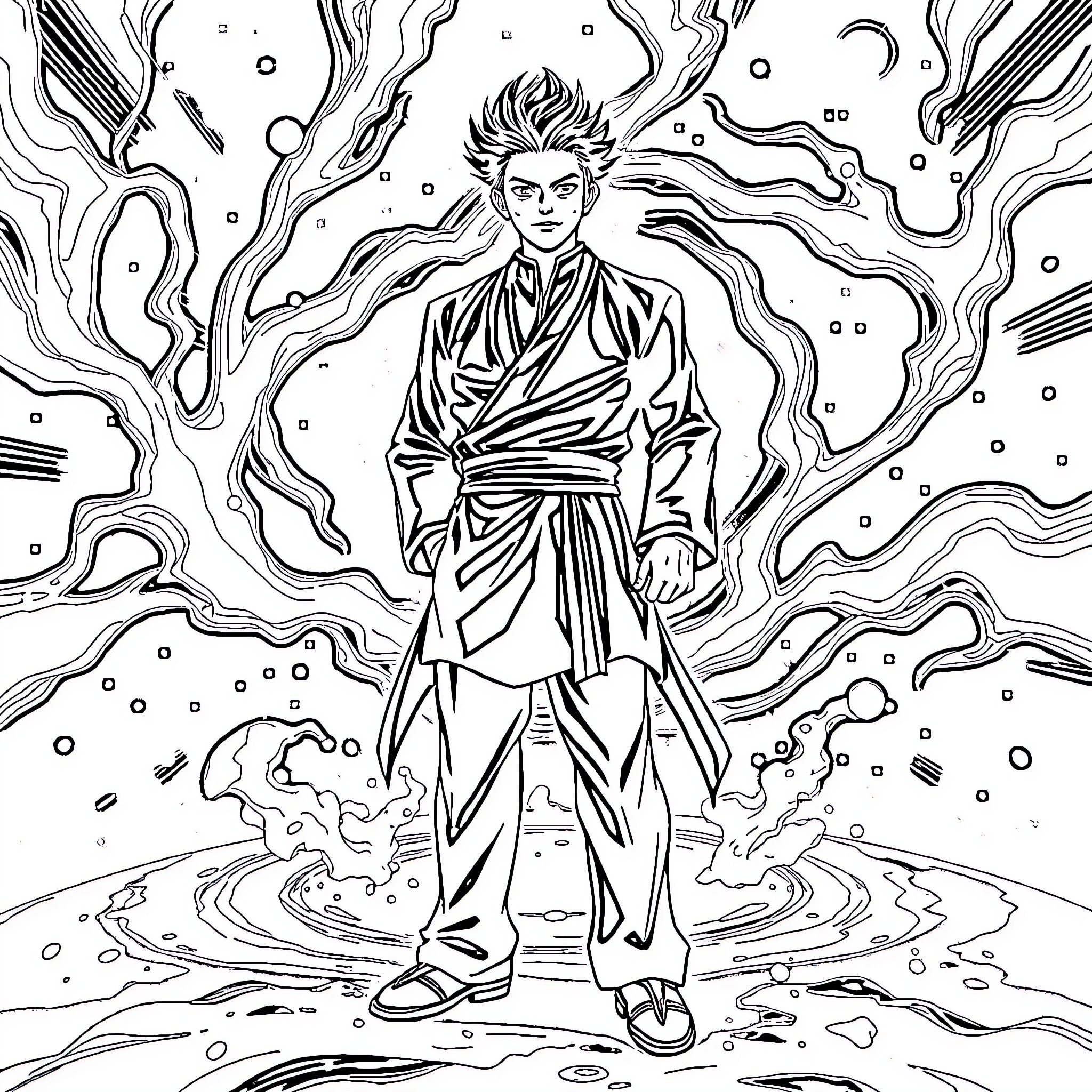 Satoru Gojo's Mystical Embrace Coloring Page (free black-and-white line drawing printable PDF for all, from beginners to advanced learners, including children, teens, adults, and seniors)