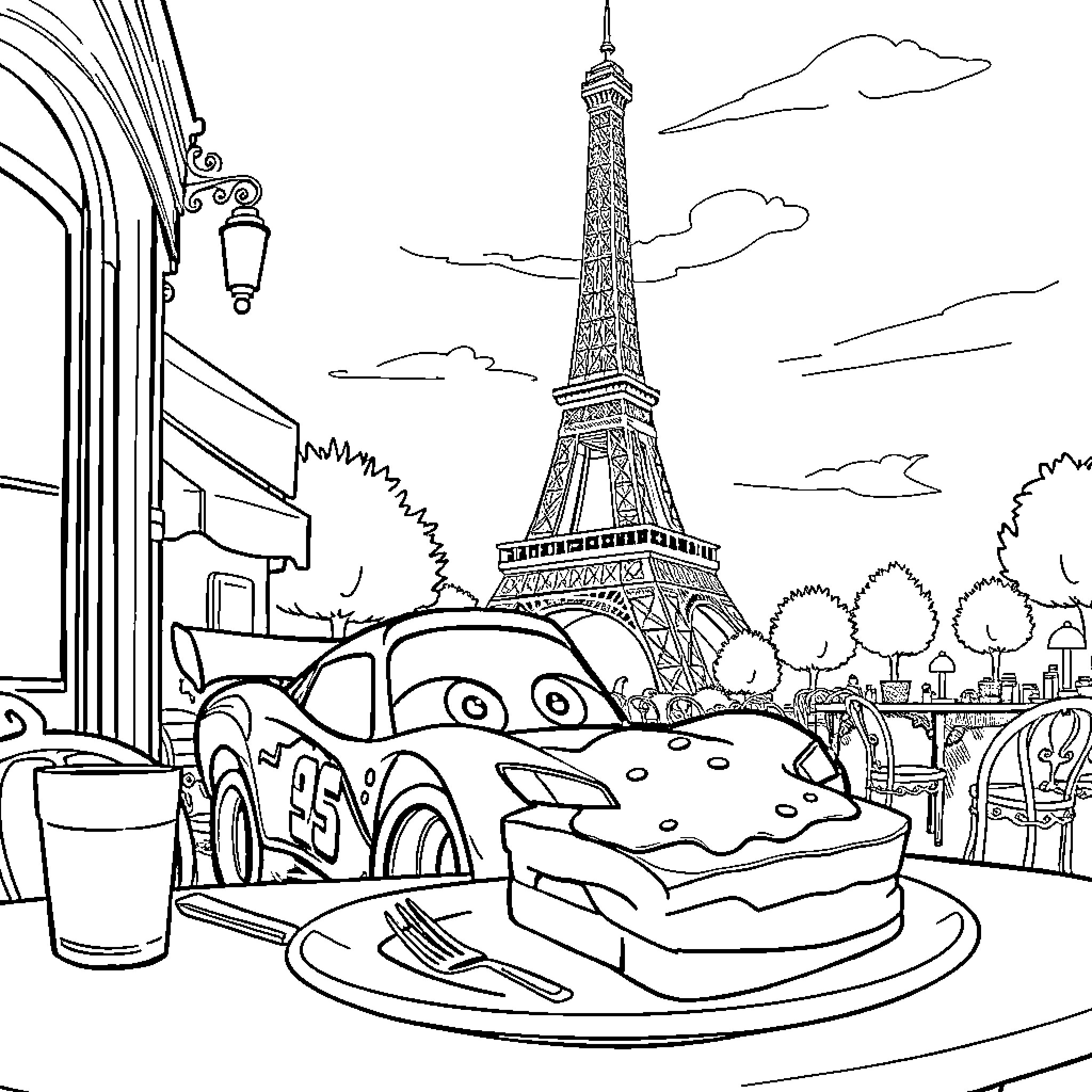 Lightning McQueen enjoys a meal in the City of Lights Coloring Page (free black-and-white line drawing printable PDF for all, from beginners to advanced learners, including children, teens, adults, and seniors)