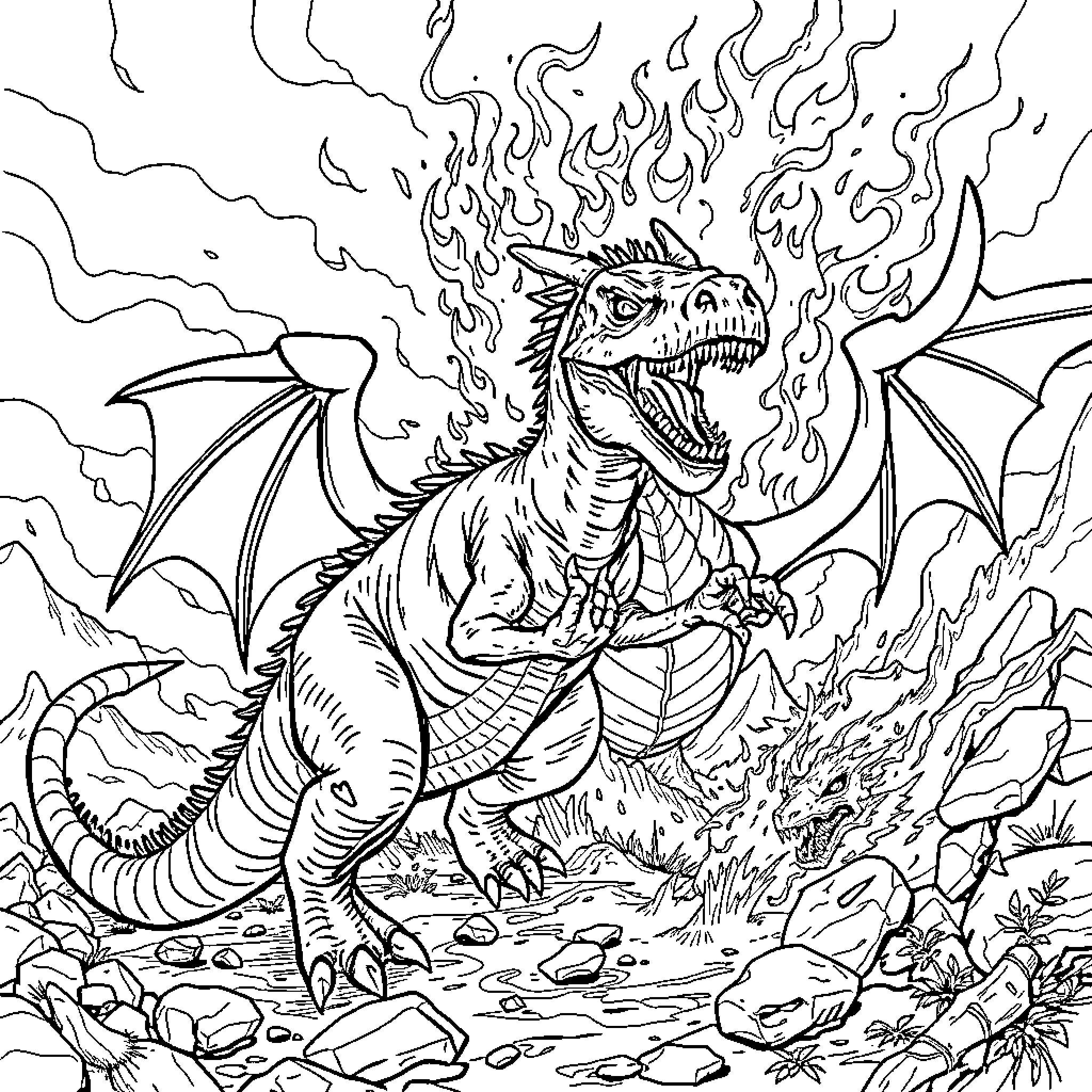 Dinosaur breathing fiery flames in a stormy landscape Coloring Page (free black-and-white line drawing printable PDF for all, from beginners to advanced learners, including children, teens, adults, and seniors)