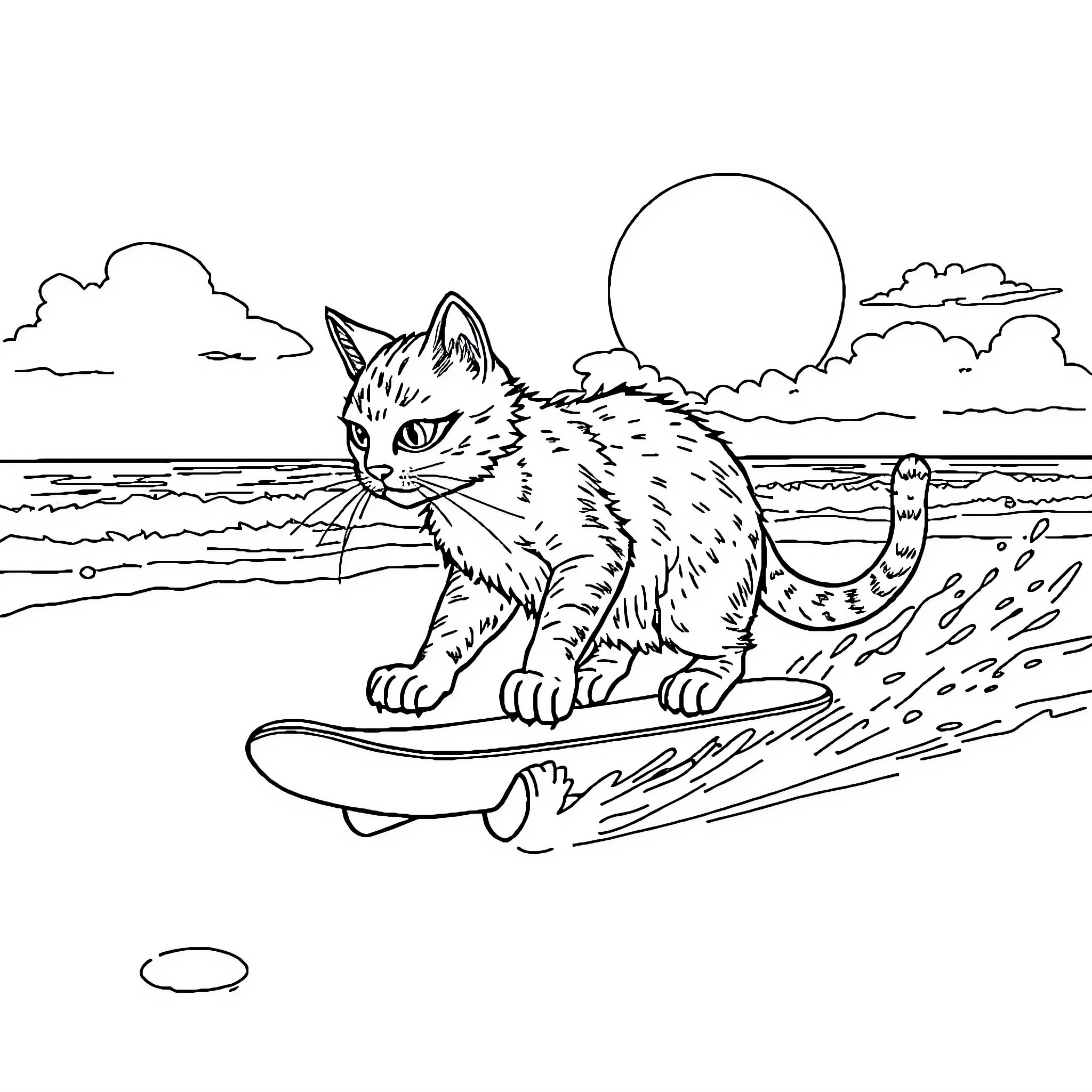 Cat Surfing on the Beach Coloring Page (free black-and-white line drawing printable PDF for all, from beginners to advanced learners, including children, teens, adults, and seniors)