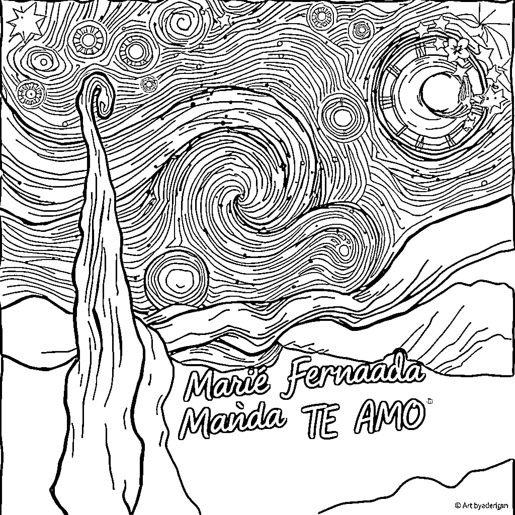 Starry Night with Flowing Shapes and Celestial Motifs Coloring Page (free black-and-white line drawing printable PDF for all, from beginners to advanced learners, including children, teens, adults, and seniors)