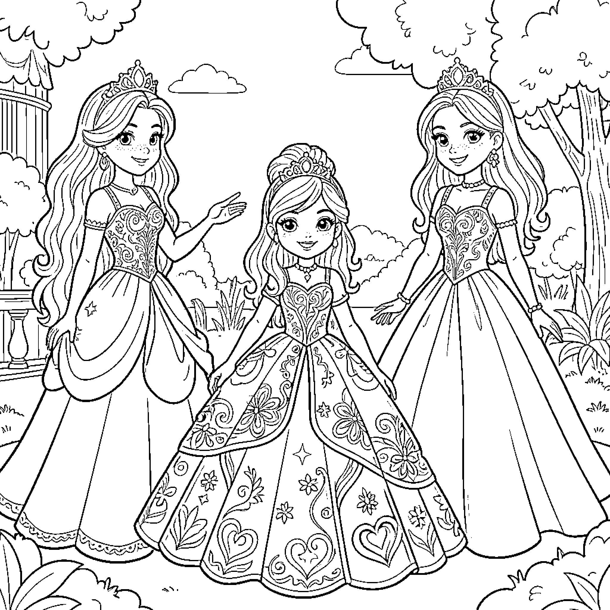 Princess in Elegant Dresses Admiring the Scenery Coloring Page (free black-and-white line drawing printable PDF for all, from beginners to advanced learners, including children, teens, adults, and seniors)