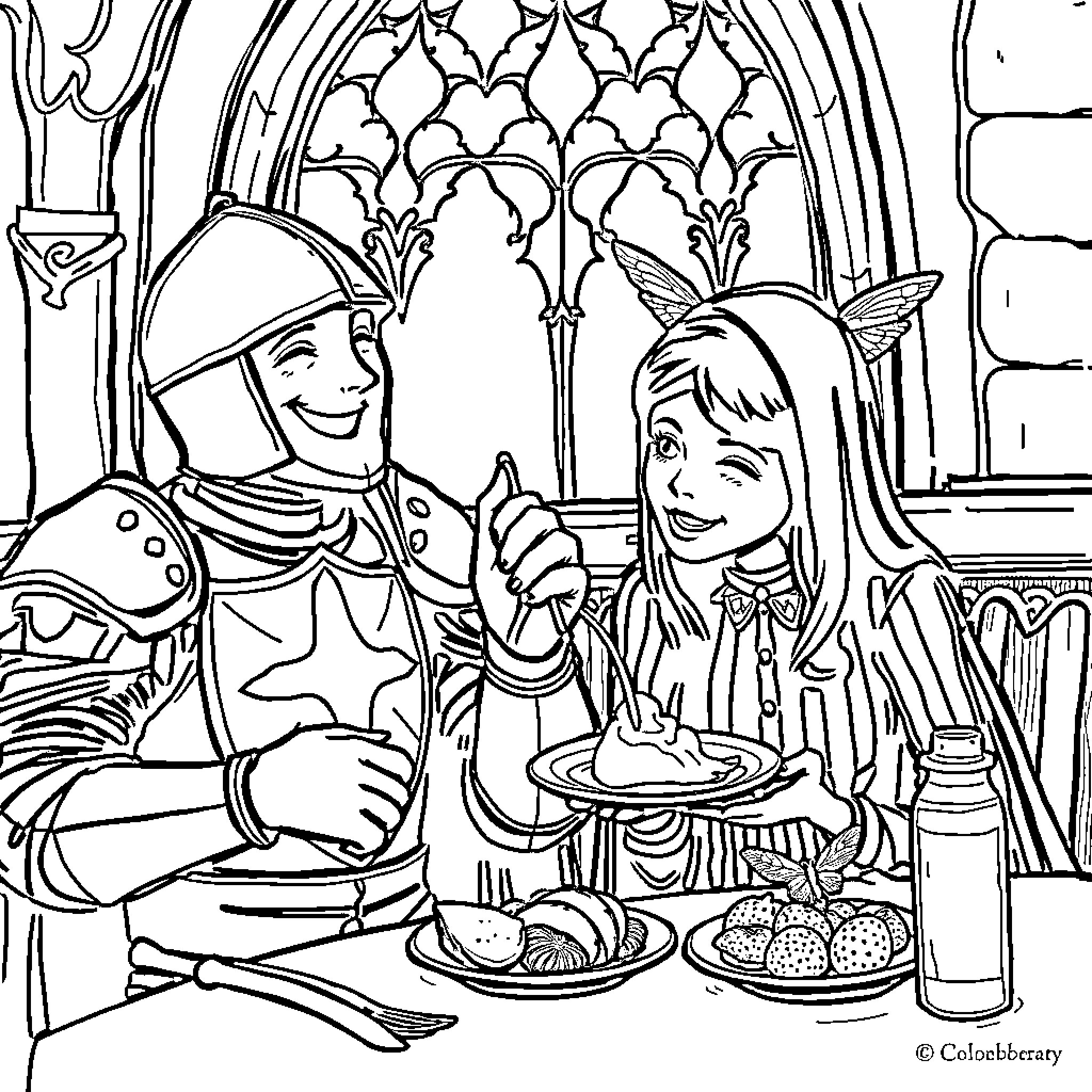 Knight and Girl Enjoying a Feast in Castle Coloring Page (free black-and-white line drawing printable PDF for all, from beginners to advanced learners, including children, teens, adults, and seniors)