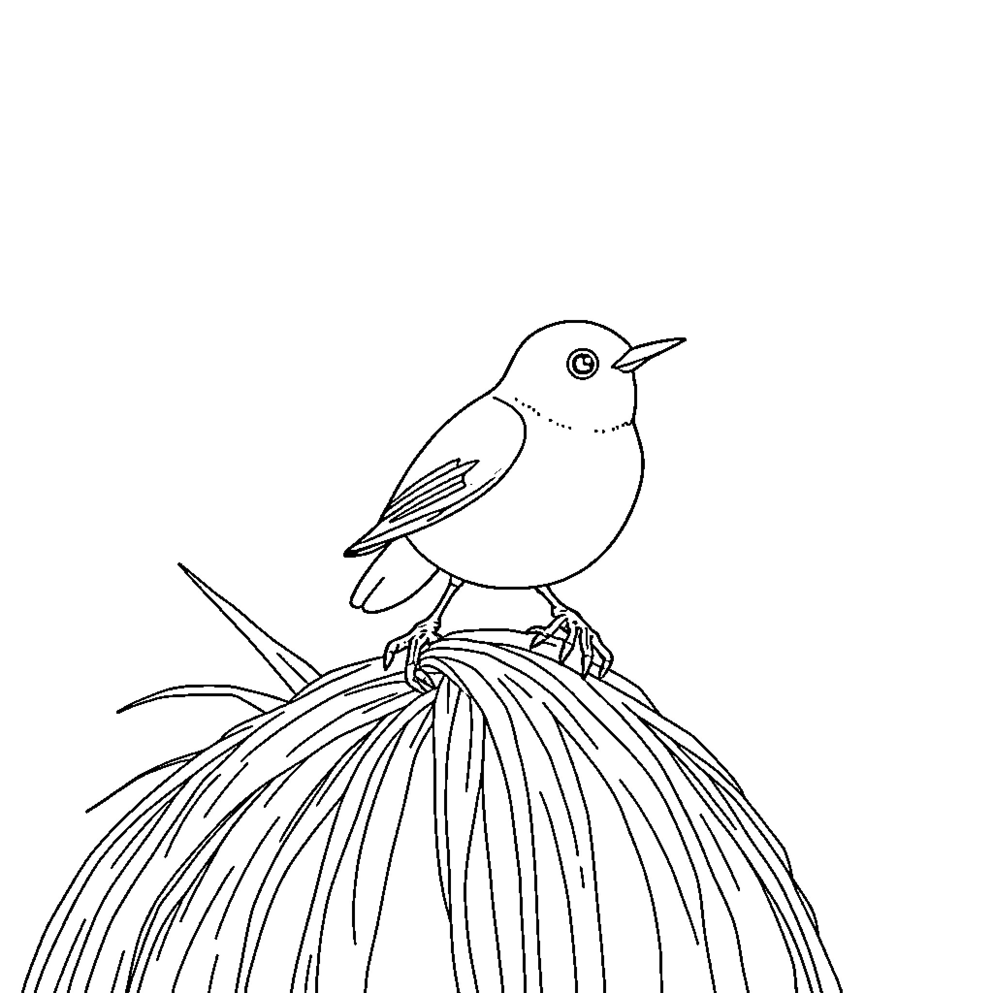 Pumpkin Bird Perched on Feathery Mound Coloring Page (free black-and-white line drawing printable PDF for all, from beginners to advanced learners, including children, teens, adults, and seniors)