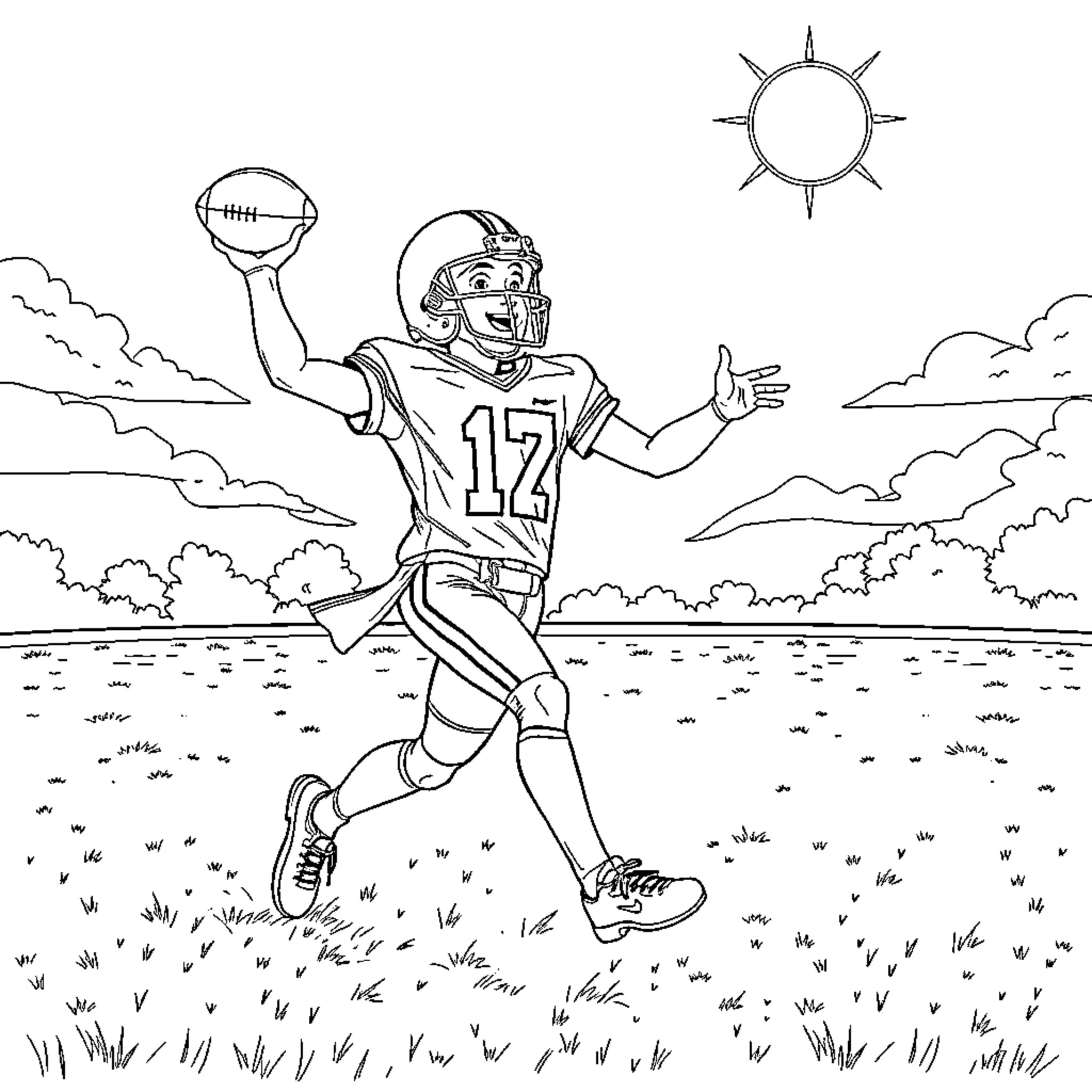 Jaxon the football player celebrates his touchdown Coloring Page (free black-and-white line drawing printable PDF for all, from beginners to advanced learners, including children, teens, adults, and seniors)