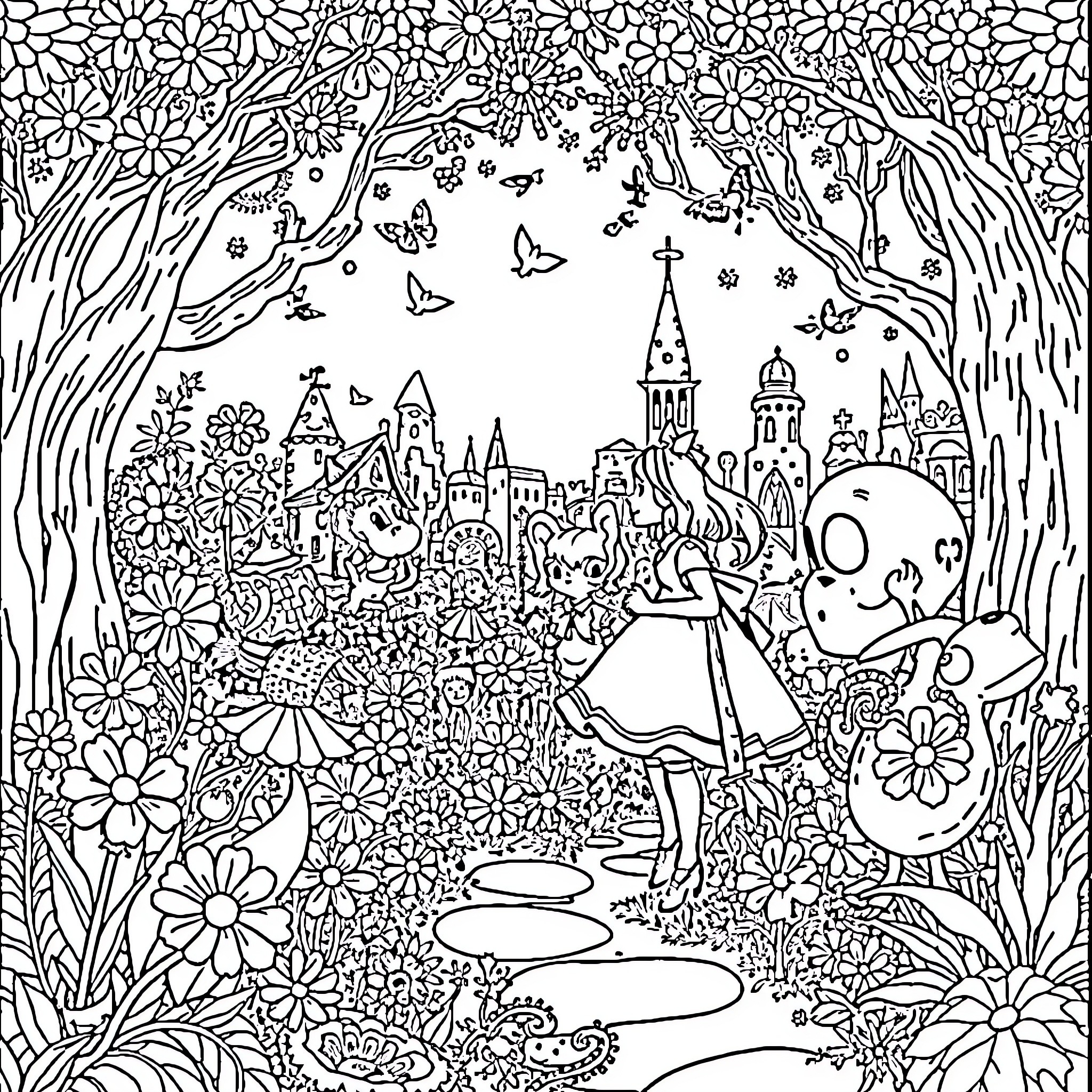 Alice's Magical Garden Adventure Coloring Page (free black-and-white line drawing printable PDF for all, from beginners to advanced learners, including children, teens, adults, and seniors)