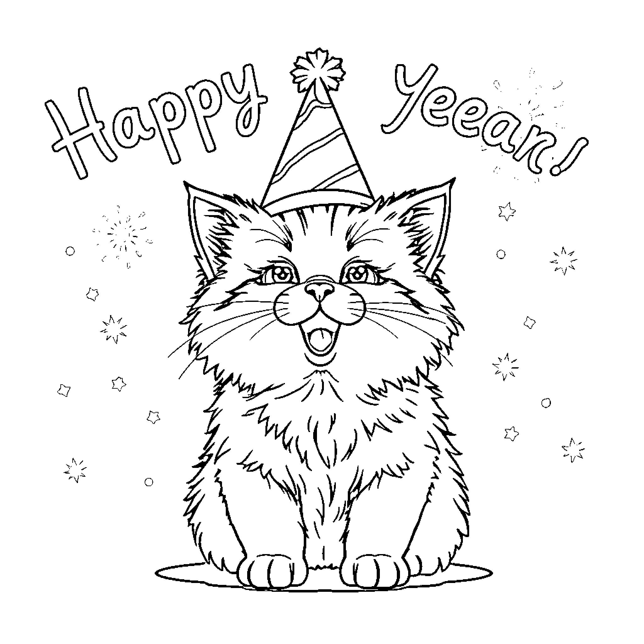 Cat celebrating happy new year with party hat Coloring Page (free black-and-white line drawing printable PDF for all, from beginners to advanced learners, including children, teens, adults, and seniors)