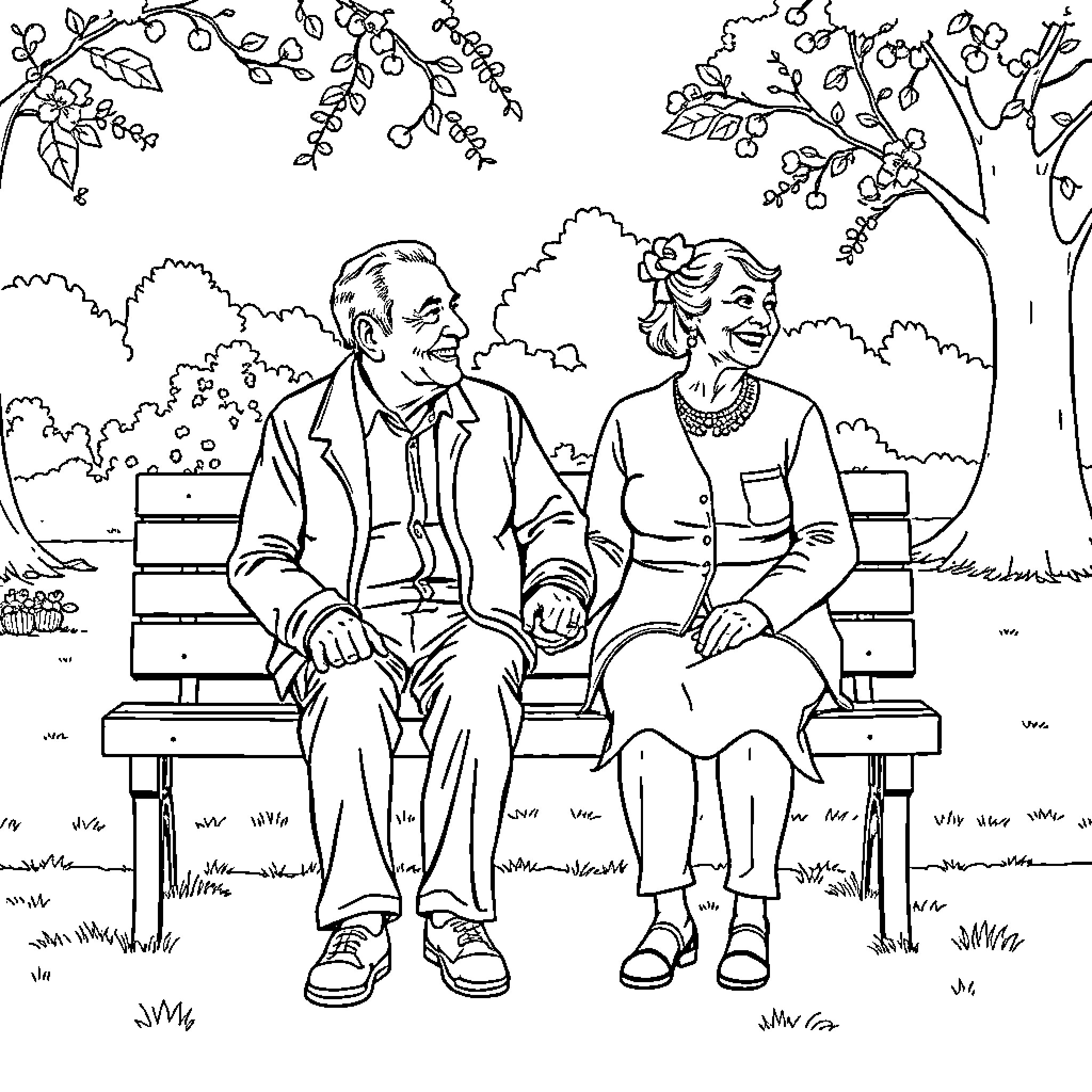 Elderly Couple Enjoying a Peaceful Moment Outdoors Coloring Page (free black-and-white line drawing printable PDF for all, from beginners to advanced learners, including children, teens, adults, and seniors)