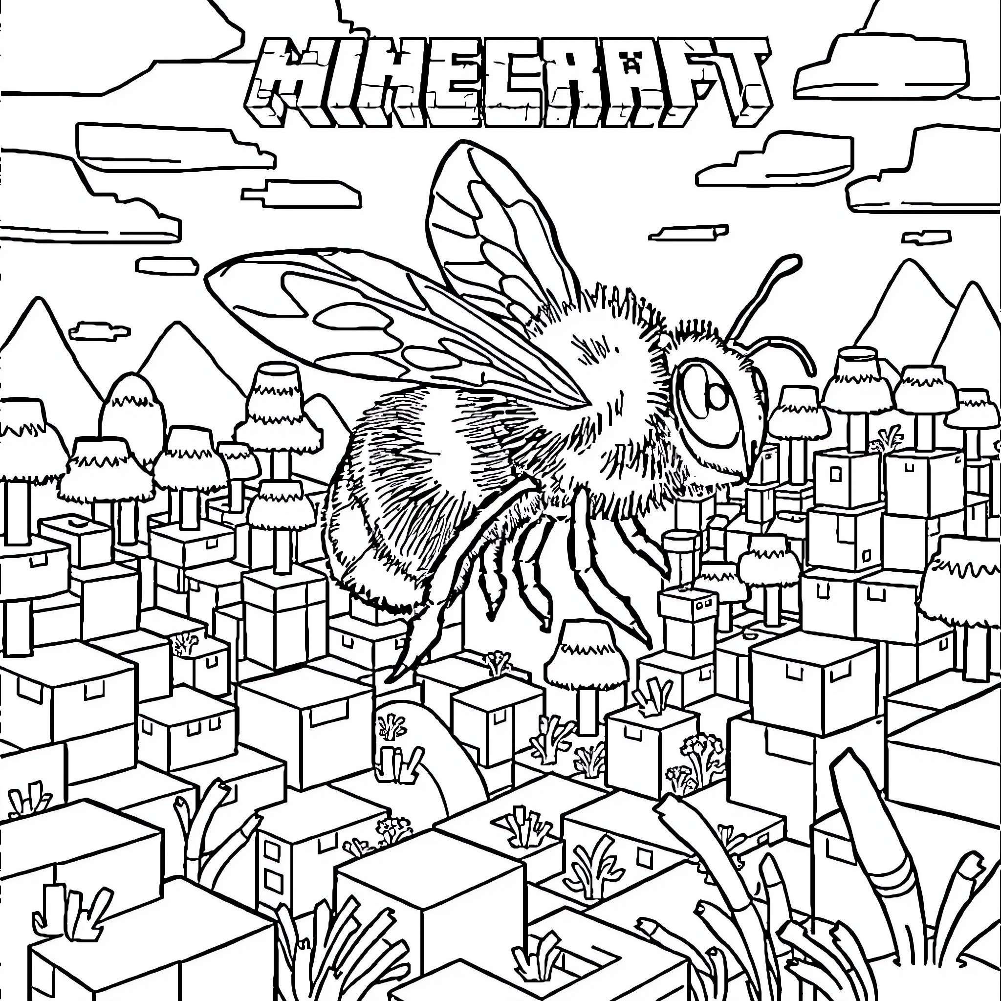 Bee exploring the Minecraft world Coloring Page (free black-and-white line drawing printable PDF for all, from beginners to advanced learners, including children, teens, adults, and seniors)