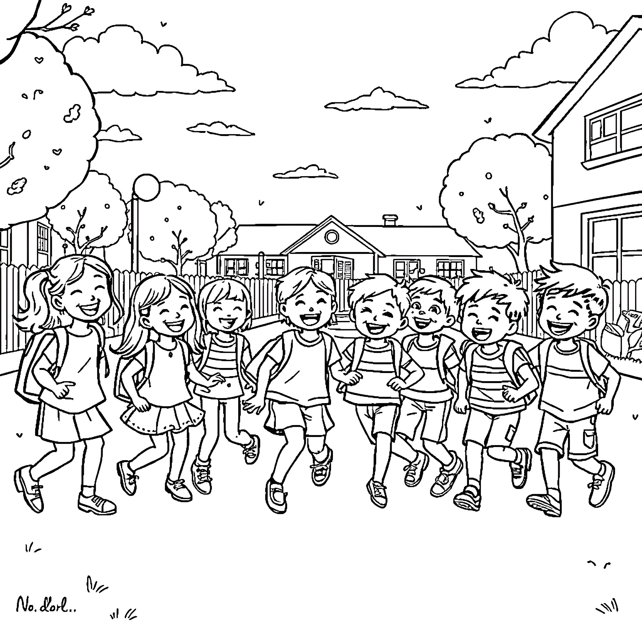 School children happily playing together outside Coloring Page (free black-and-white line drawing printable PDF for all, from beginners to advanced learners, including children, teens, adults, and seniors)