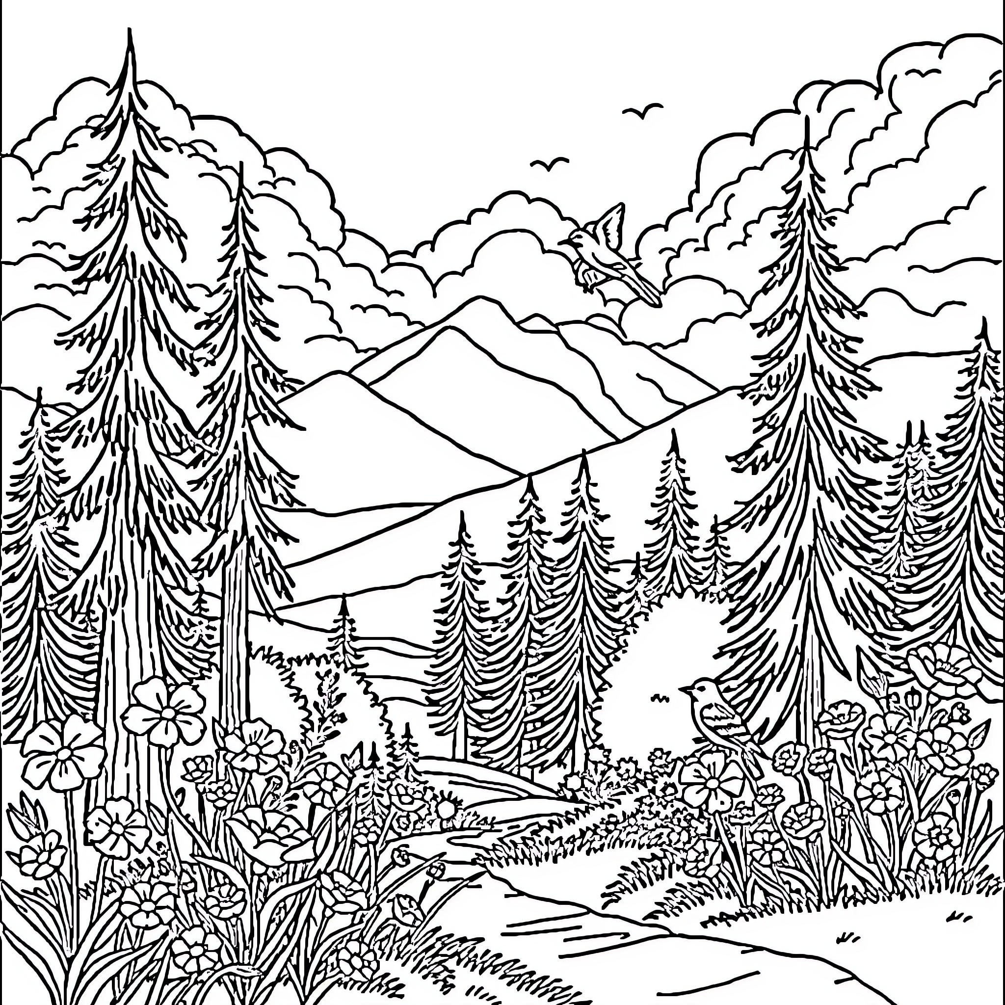 Nature's Whimsical Mountain Landscape Coloring Page (free black-and-white line drawing printable PDF for all, from beginners to advanced learners, including children, teens, adults, and seniors)